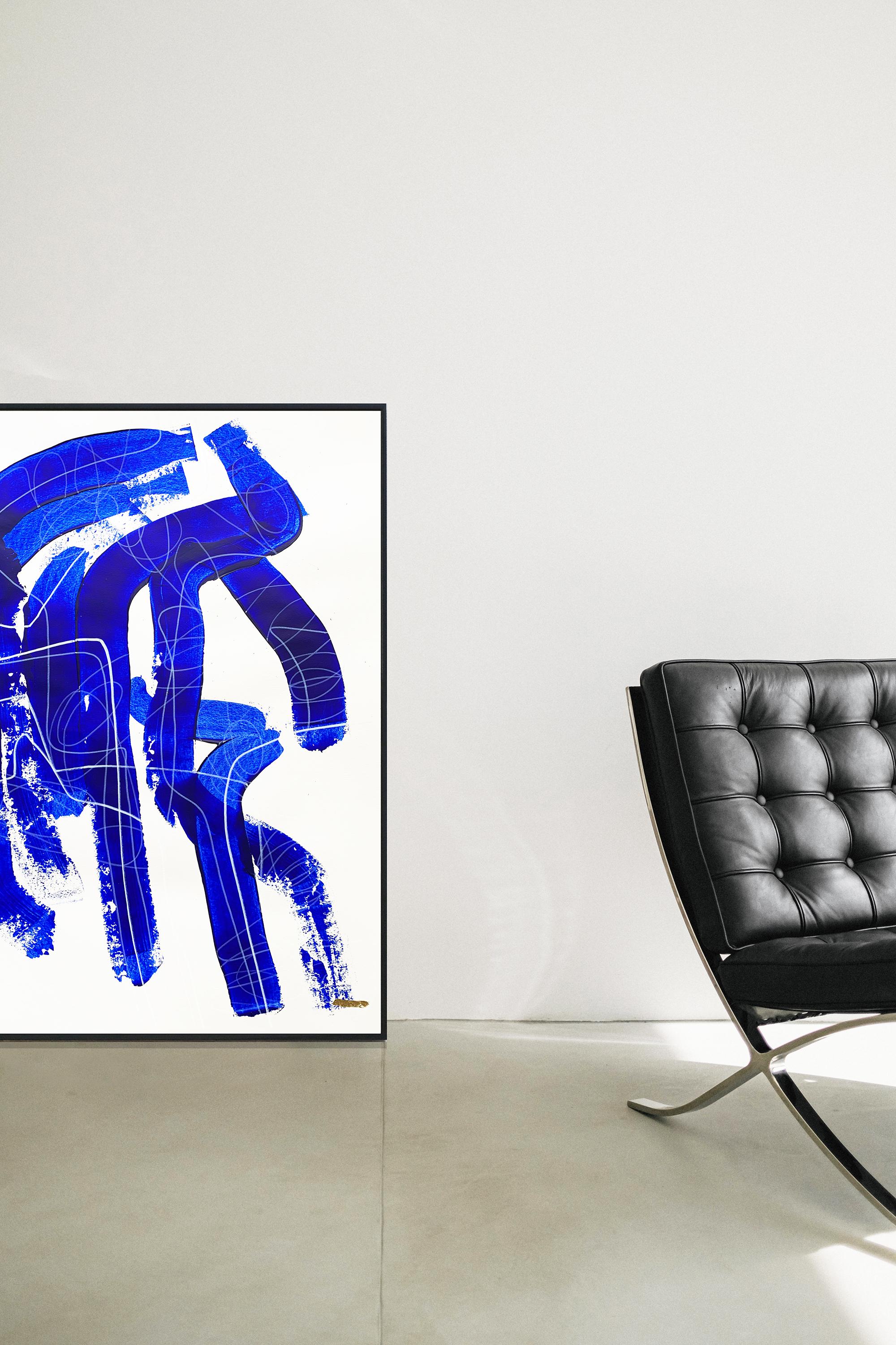 Free Blue 3315 - Pittura astratta su carta con texture blu e bianca, 2025 - Painting di Monika Widenka