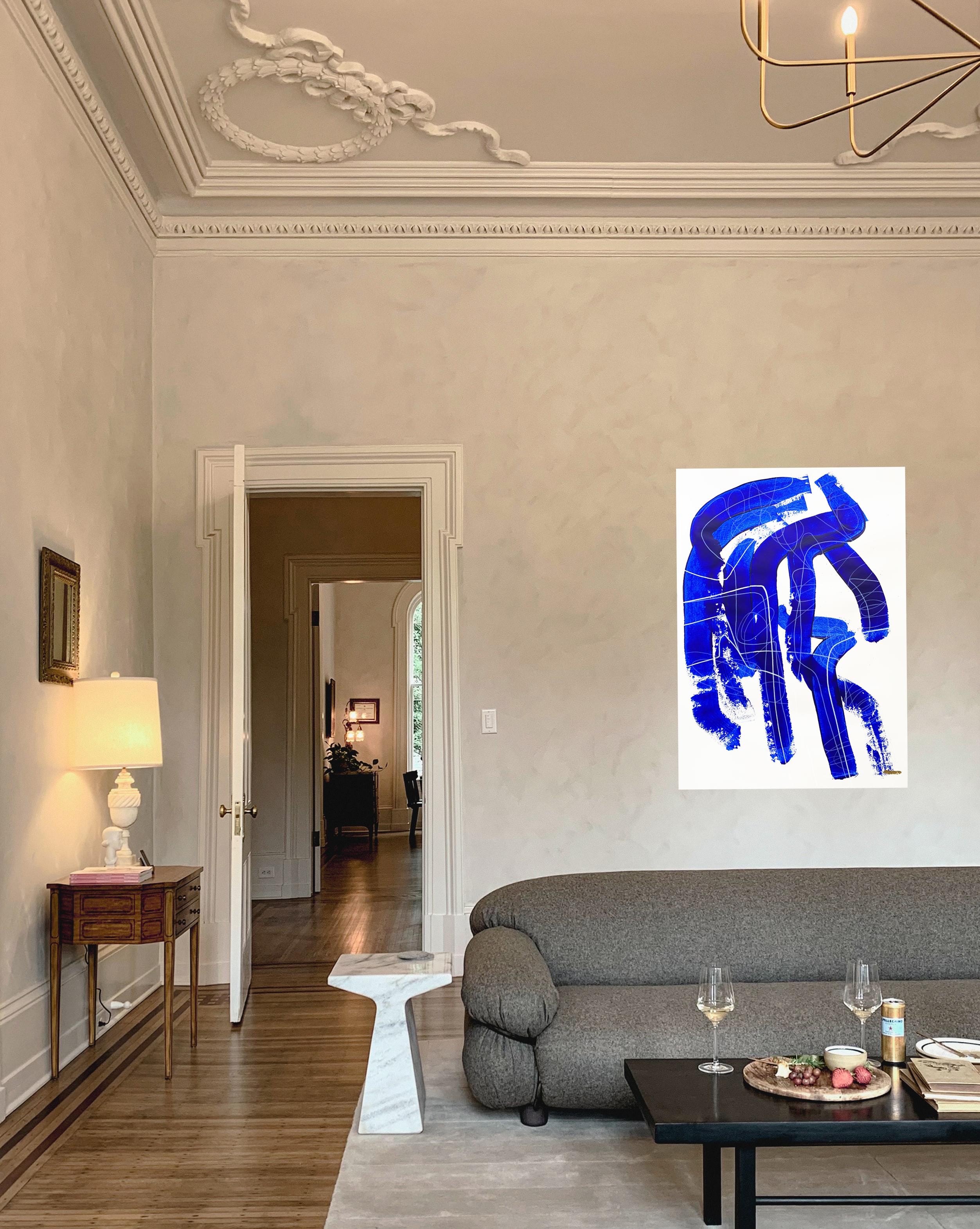 Free Blue 3315 - Pittura astratta su carta con texture blu e bianca, 2025 - Painting Espressionismo astratto di Monika Widenka