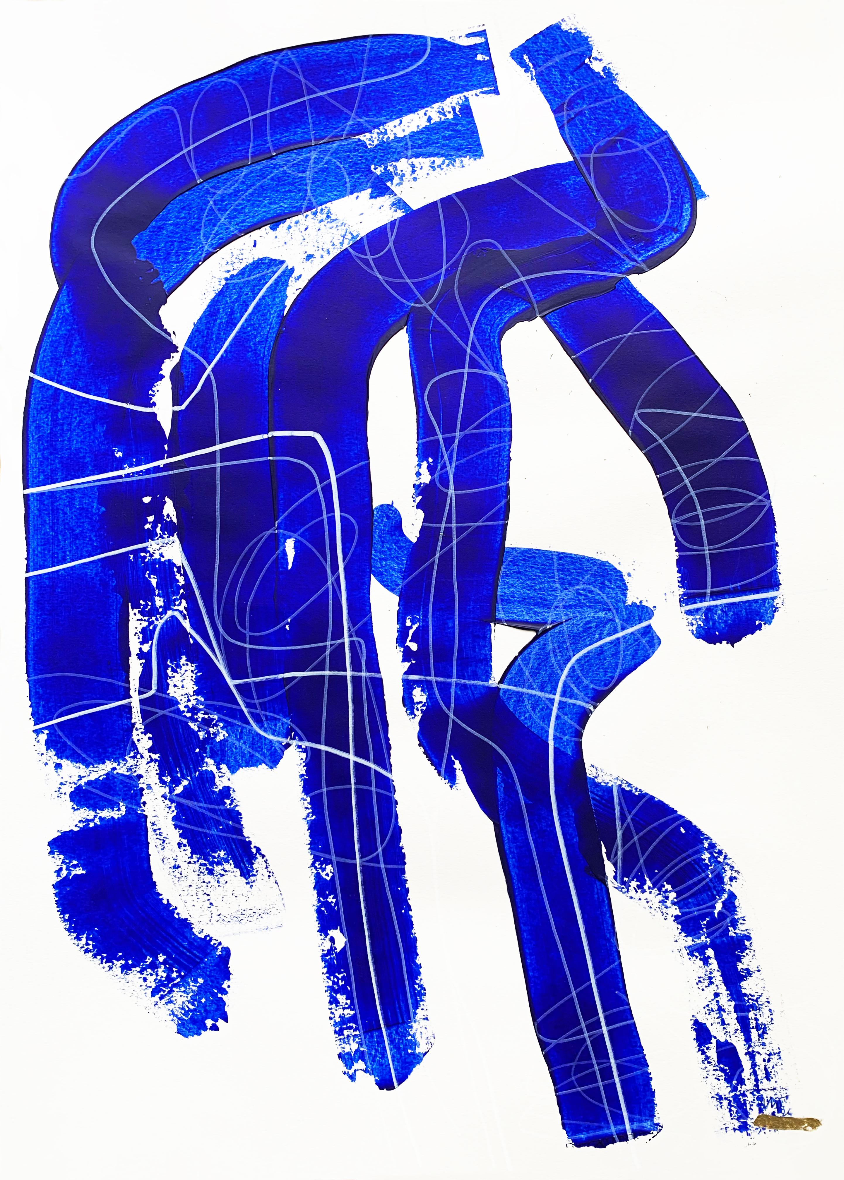 Free Blue 3315 - Pittura astratta su carta con texture blu e bianca, 2025