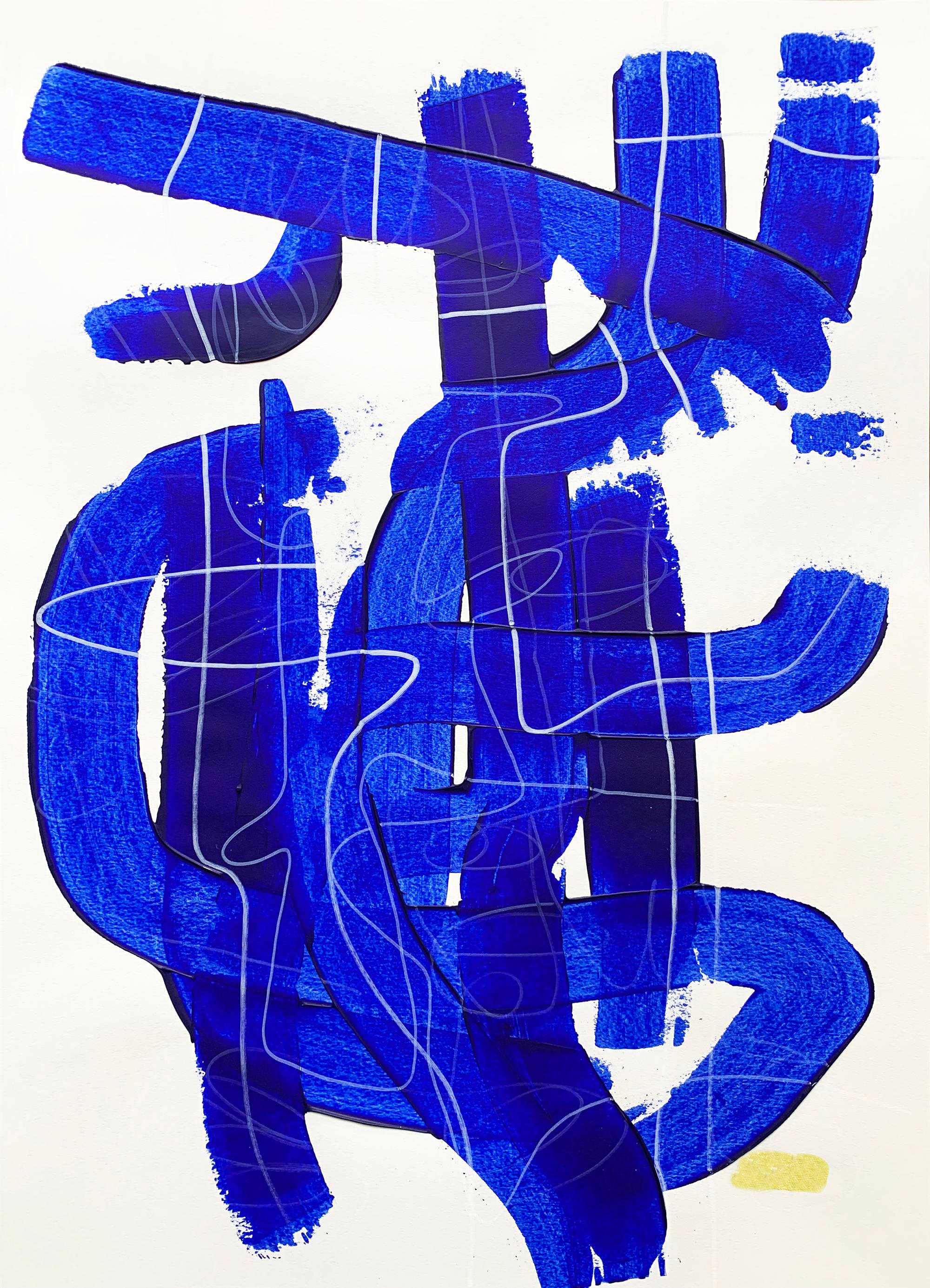 Free Blue 3317 - Pittura astratta su carta con texture blu e bianca, 2025