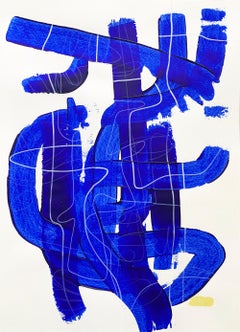 Free Blue 3317 - Pittura astratta su carta con texture blu e bianca, 2025