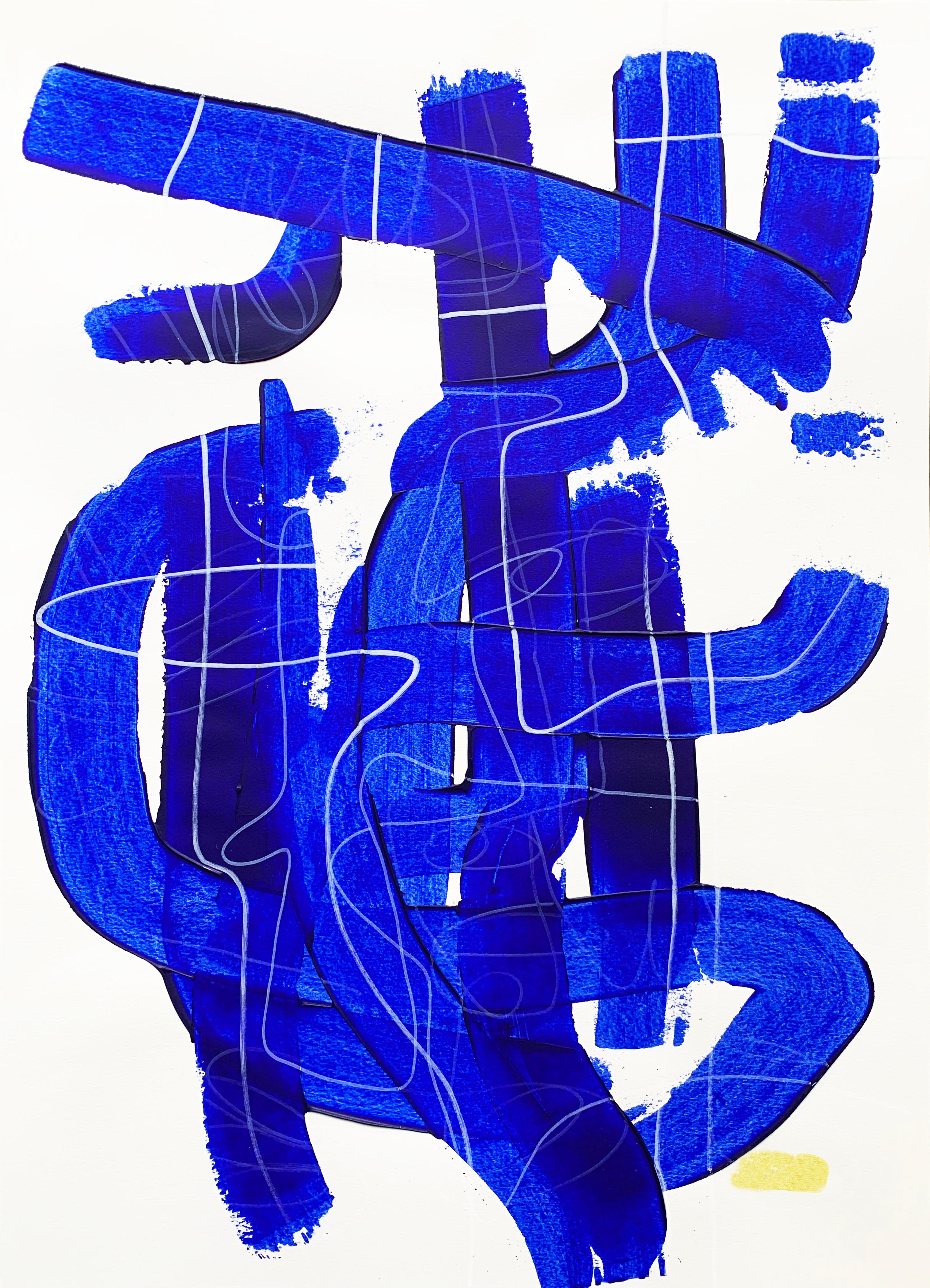 Free Blue 3317 - Peinture abstraite texturée bleue et blanche sur papier, 2025
