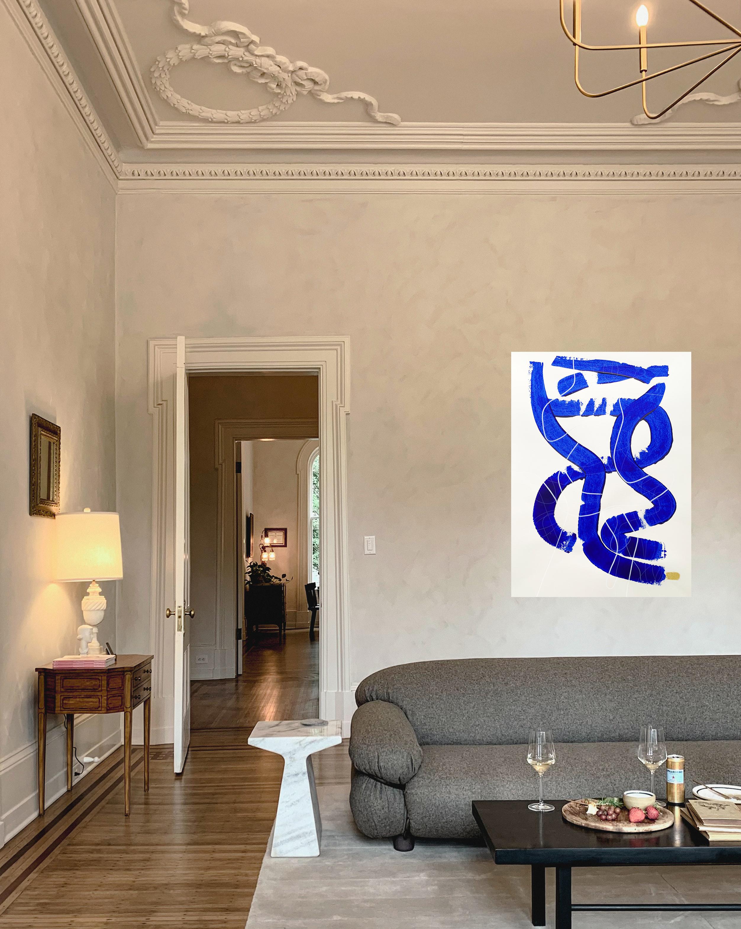 Free Blue 3318 - Pintura abstracta azul y blanca texturizada sobre papel, 2025 - Painting de Monika Widenka