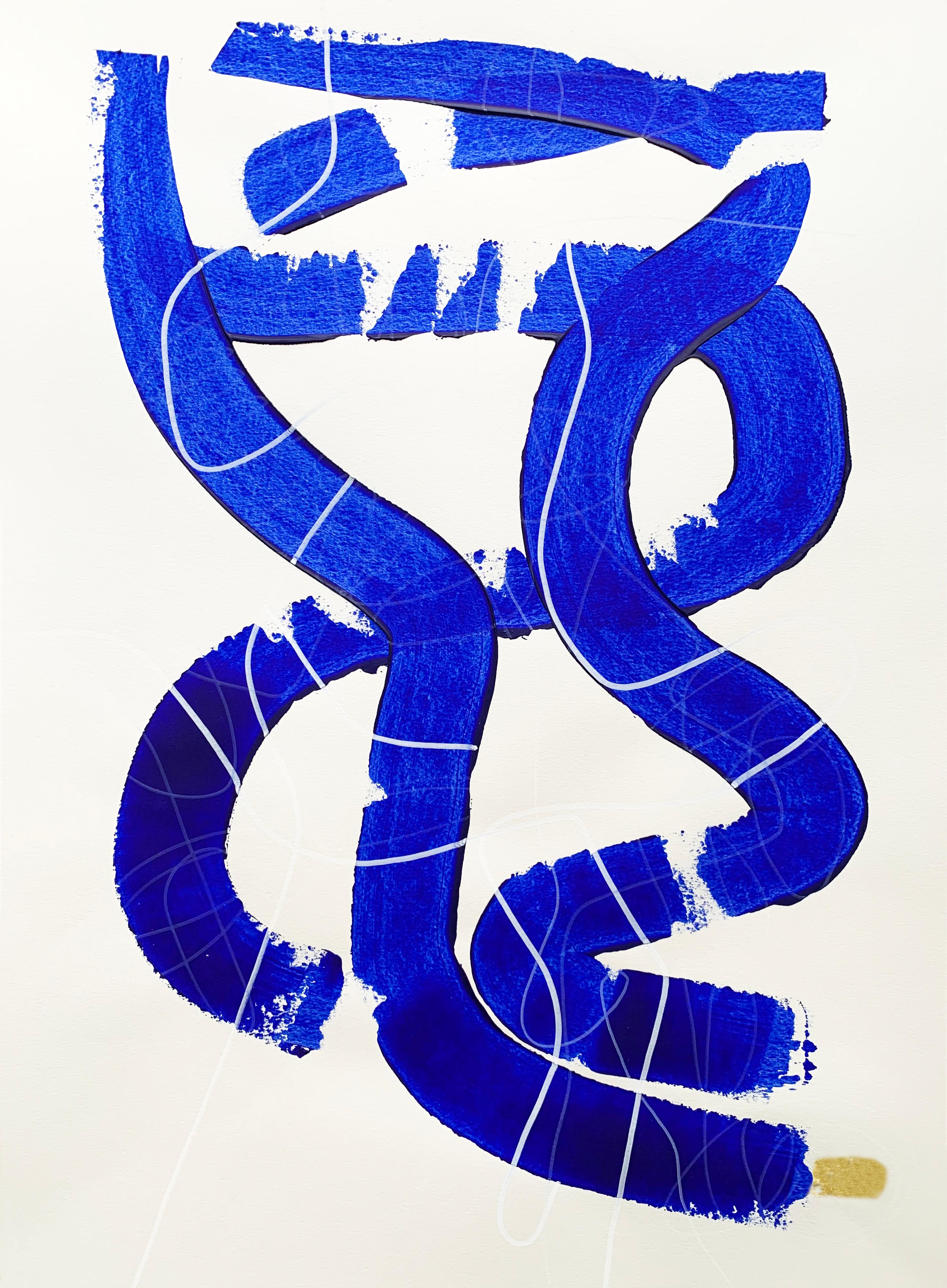Free Blue 3318 - Pintura abstracta azul y blanca texturizada sobre papel, 2025