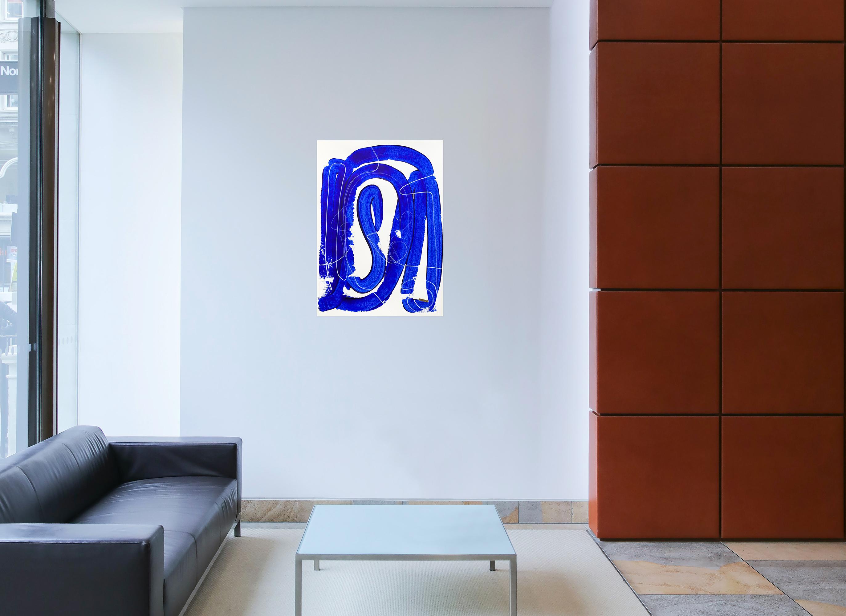 Free Blue 3329 - Peinture abstraite texturée bleue et blanche sur papier, 2025 - Violet Abstract Painting par Monika Widenka