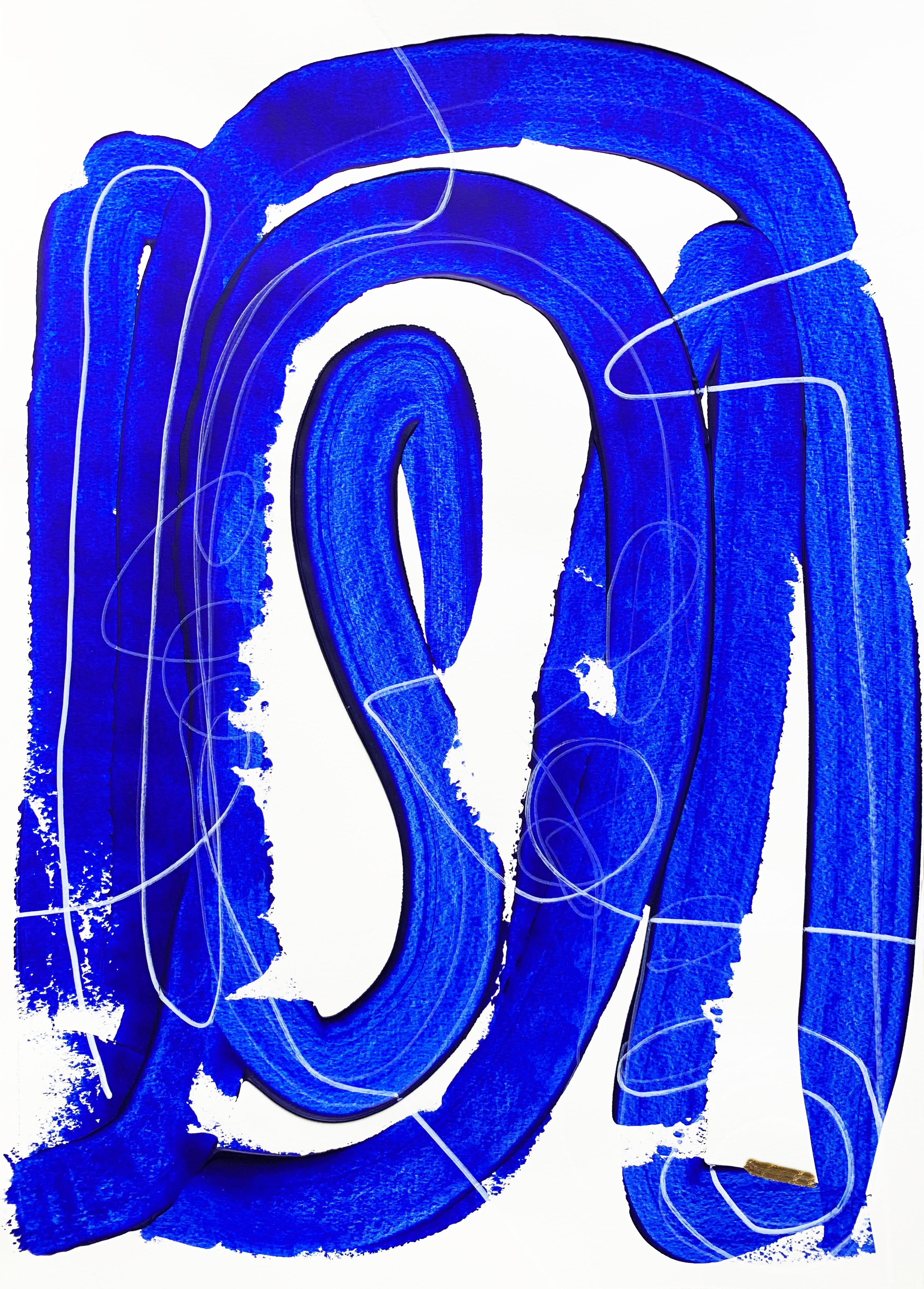 Abstract Painting Monika Widenka - Free Blue 3329 - Peinture abstraite texturée bleue et blanche sur papier, 2025
