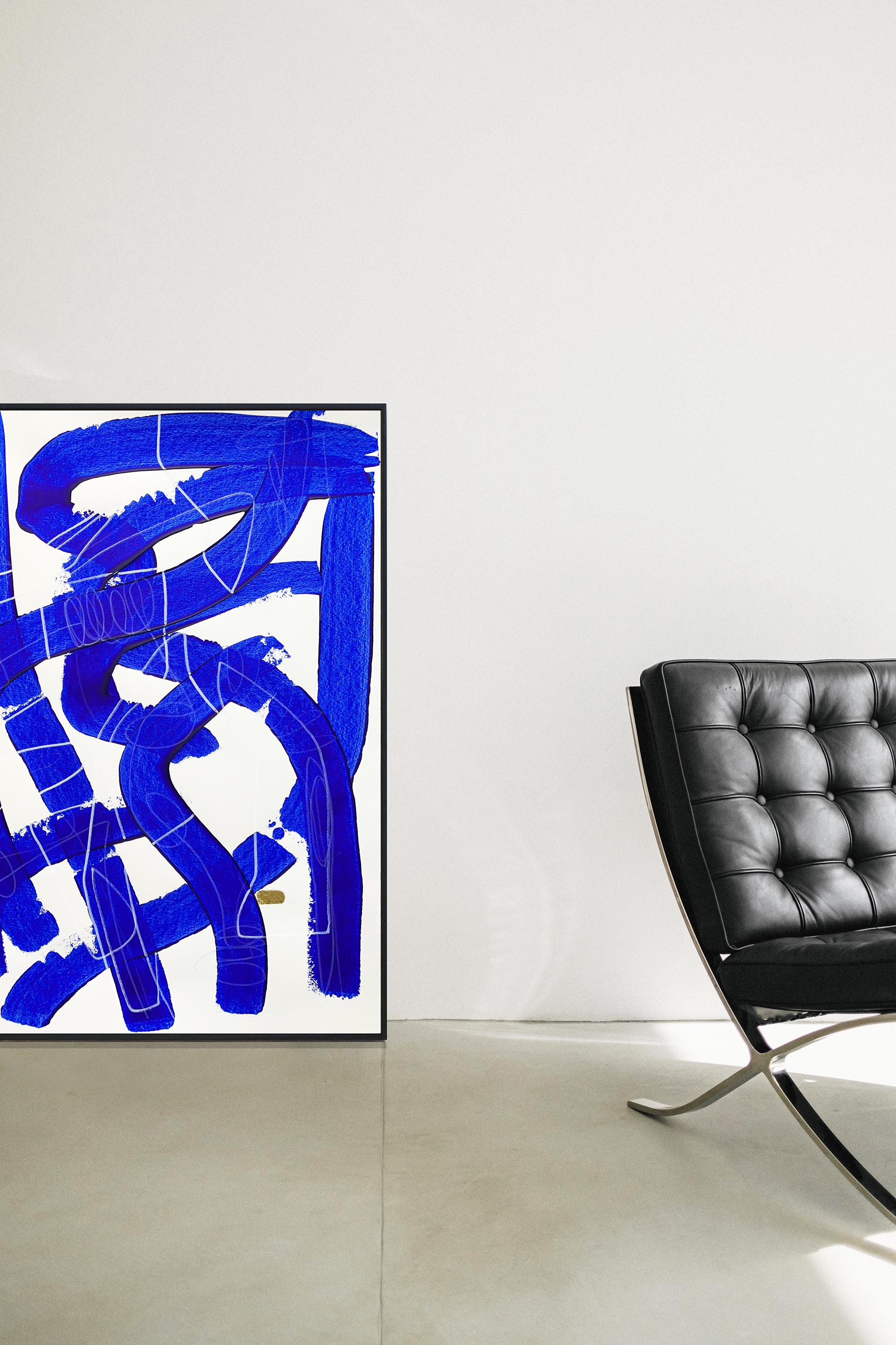 Free Blue 3330 - Peinture abstraite texturée bleue et blanche sur papier, 2025 en vente 1
