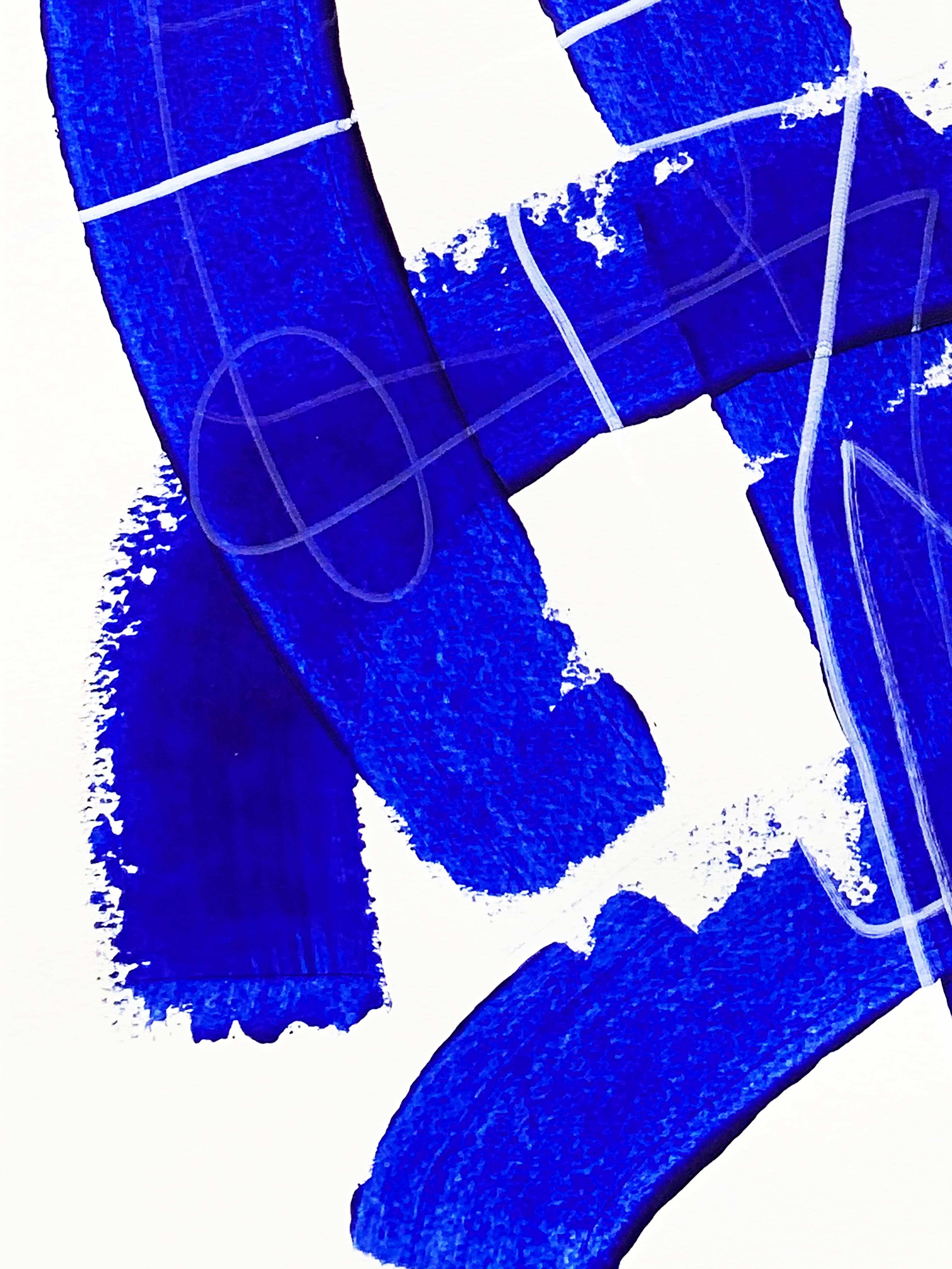 Free Blue 3330 - Peinture abstraite texturée bleue et blanche sur papier, 2025 en vente 3