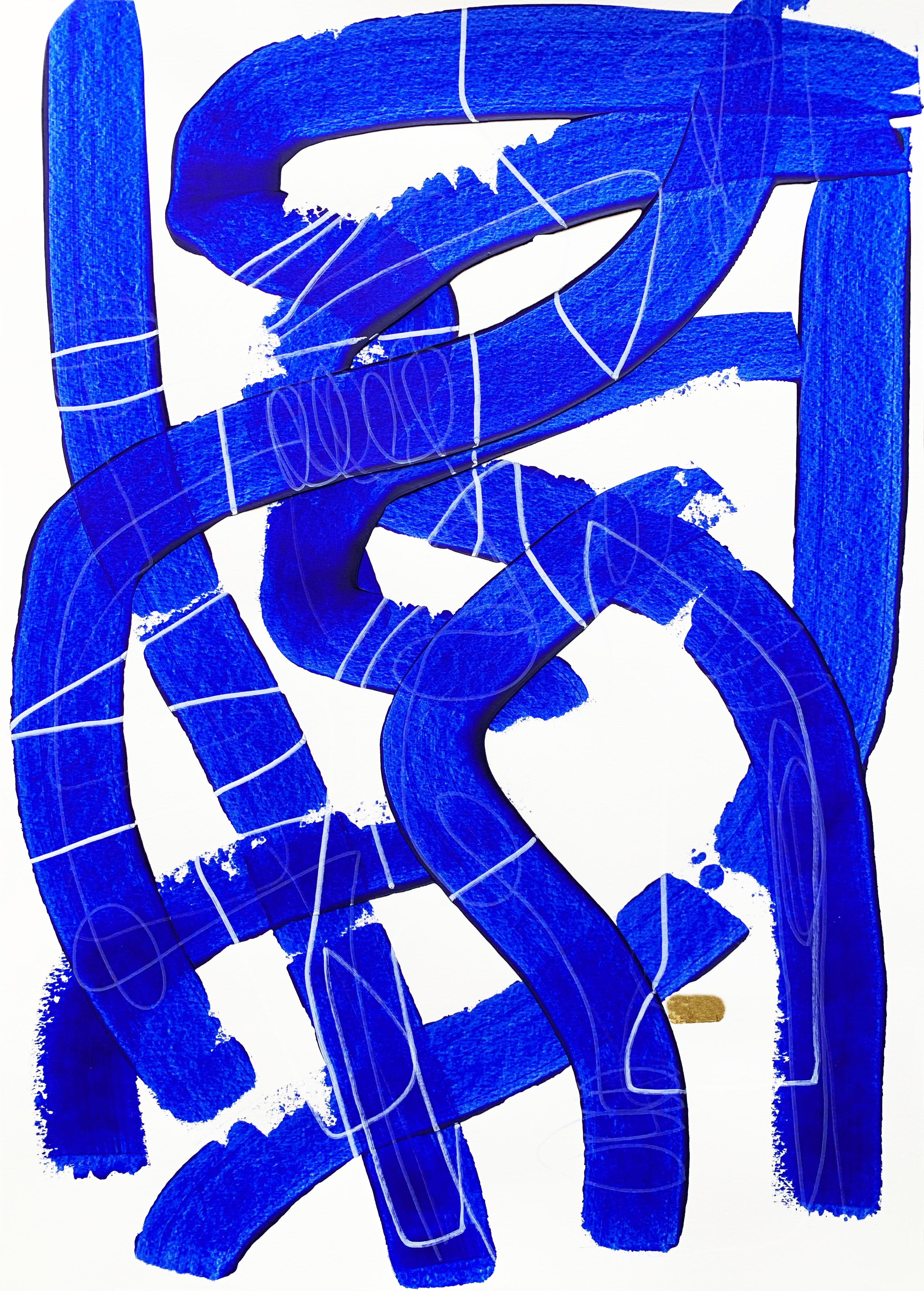 Free Blue 3330 - Abstraktes Gemälde mit Struktur in Blau und Weiß auf Papier, 2025