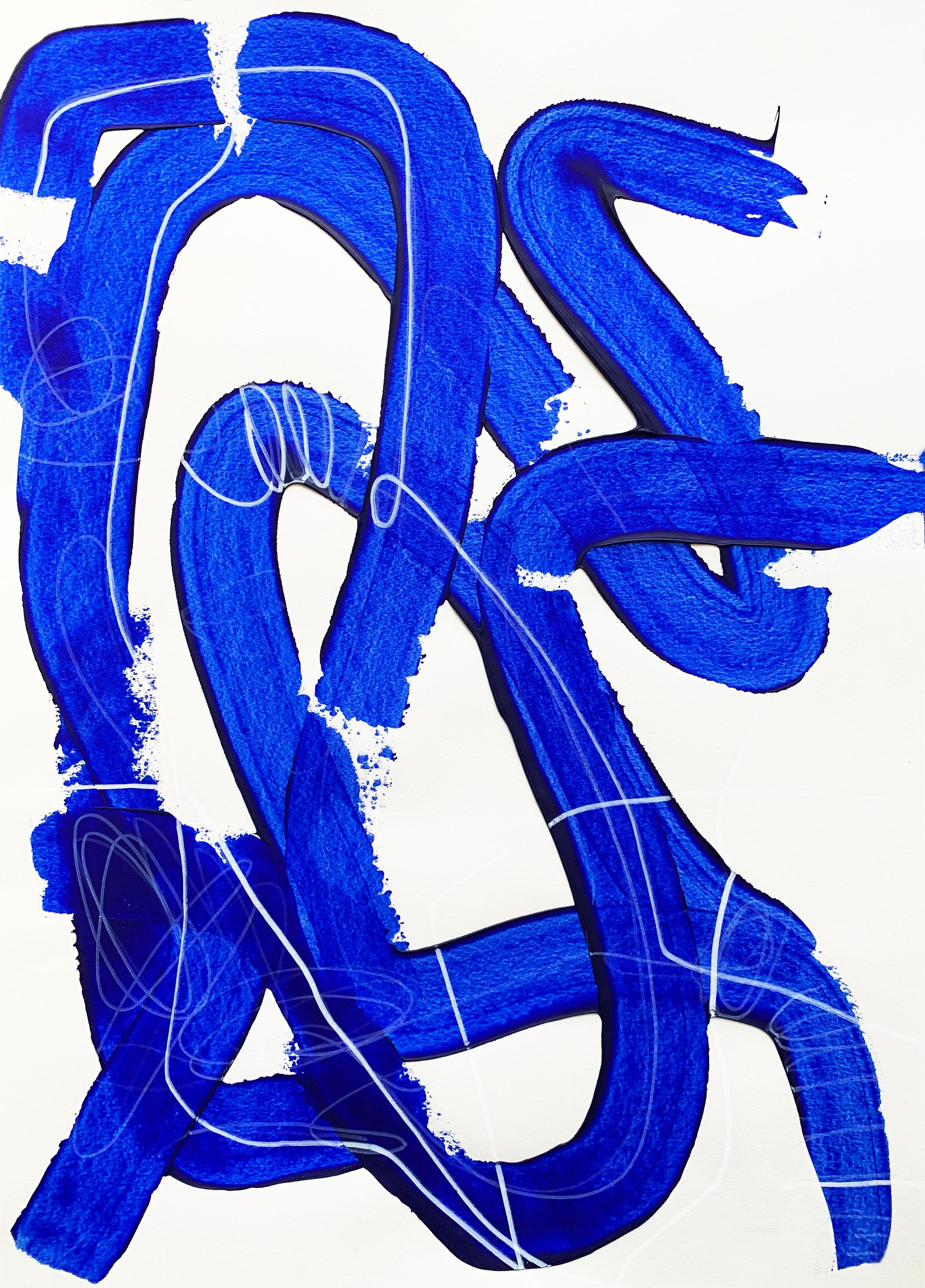 Monika Widenka Abstract Painting – Free Blue 3331 - Abstraktes Gemälde mit Struktur in Blau und Weiß auf Papier, 2025