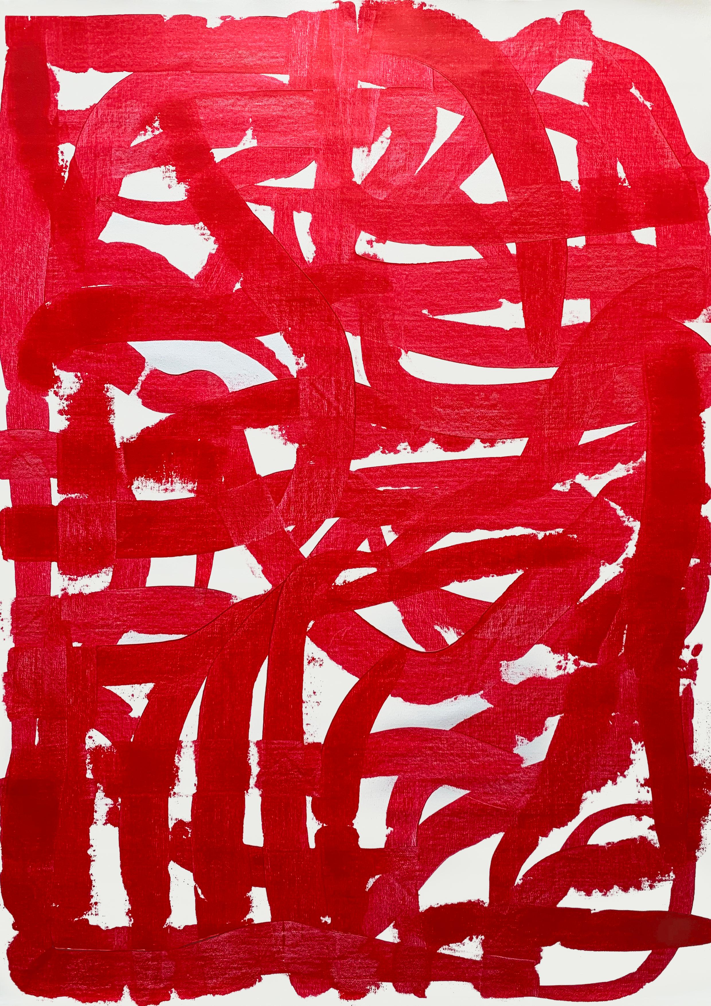 Free Red - Pittura astratta rossa su tela, 2024 - Painting di Monika Widenka