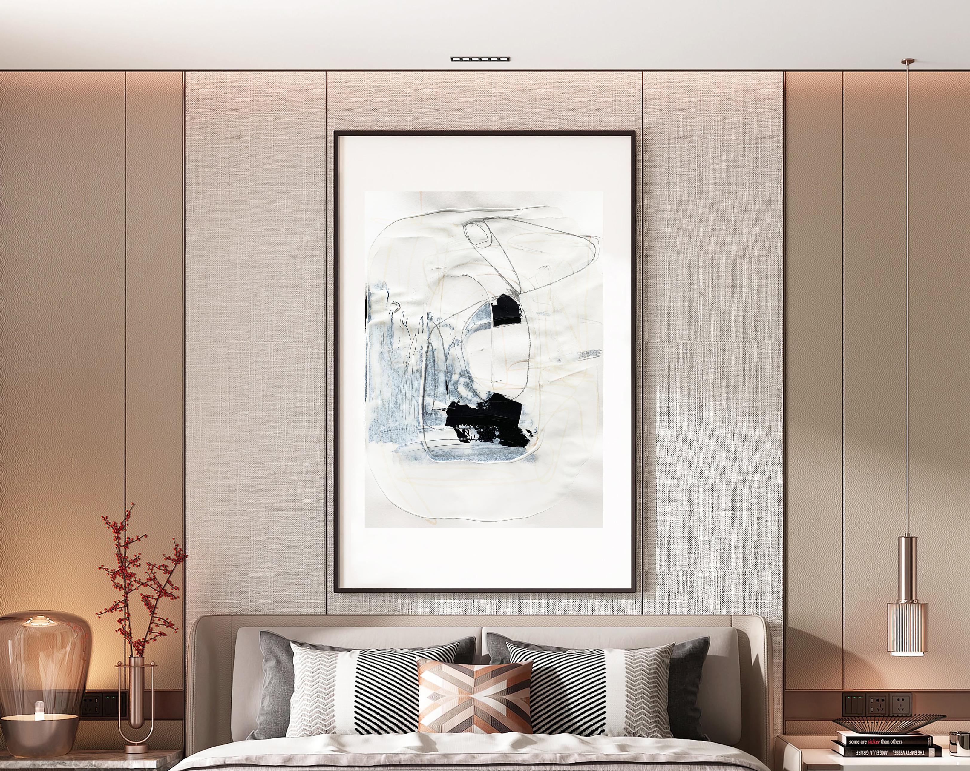 Blanco libre 1 - Pintura abstracta blanca y negra texturizada sobre papel, 2025 en venta 1