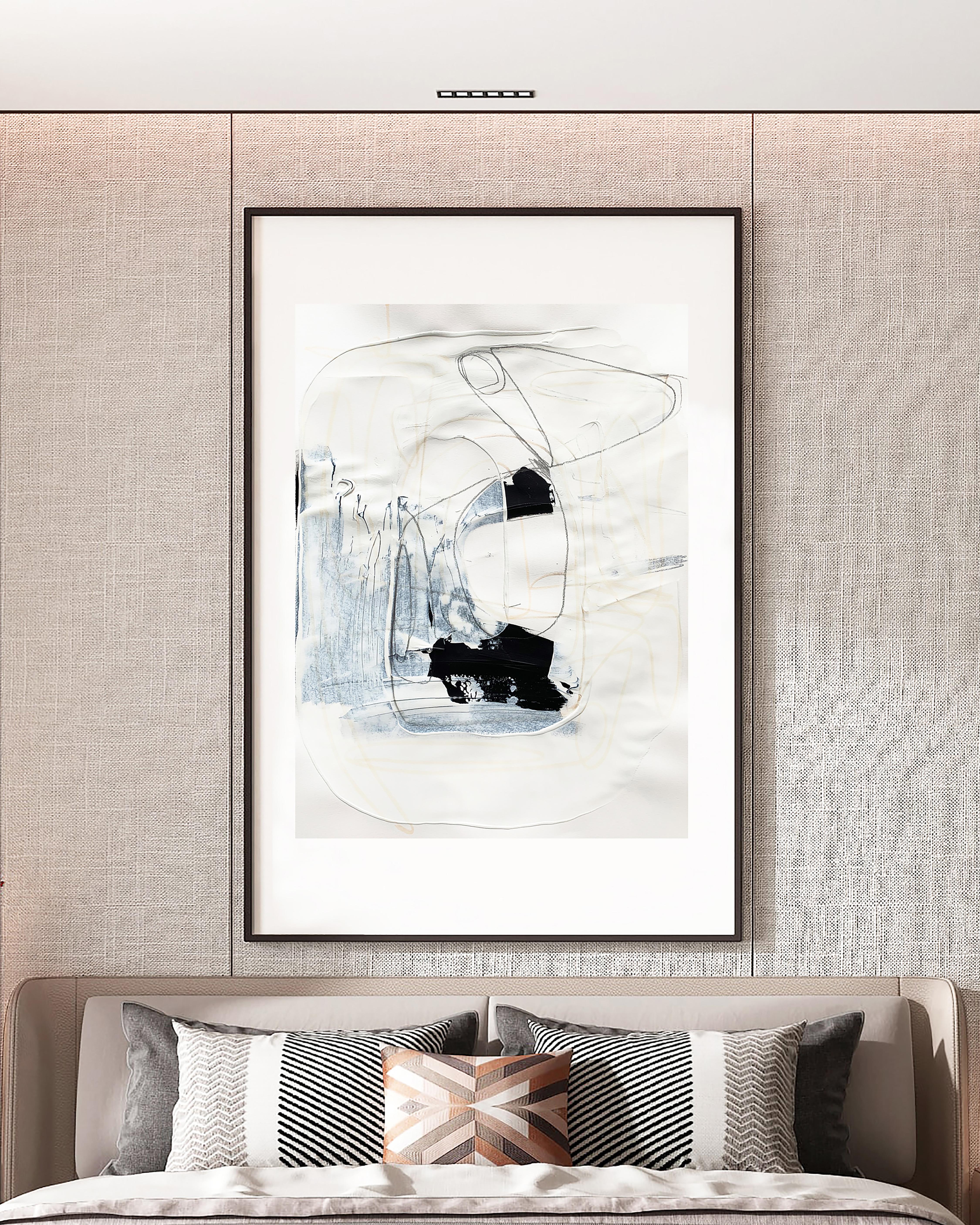 Blanco libre 1 - Pintura abstracta blanca y negra texturizada sobre papel, 2025 en venta 4