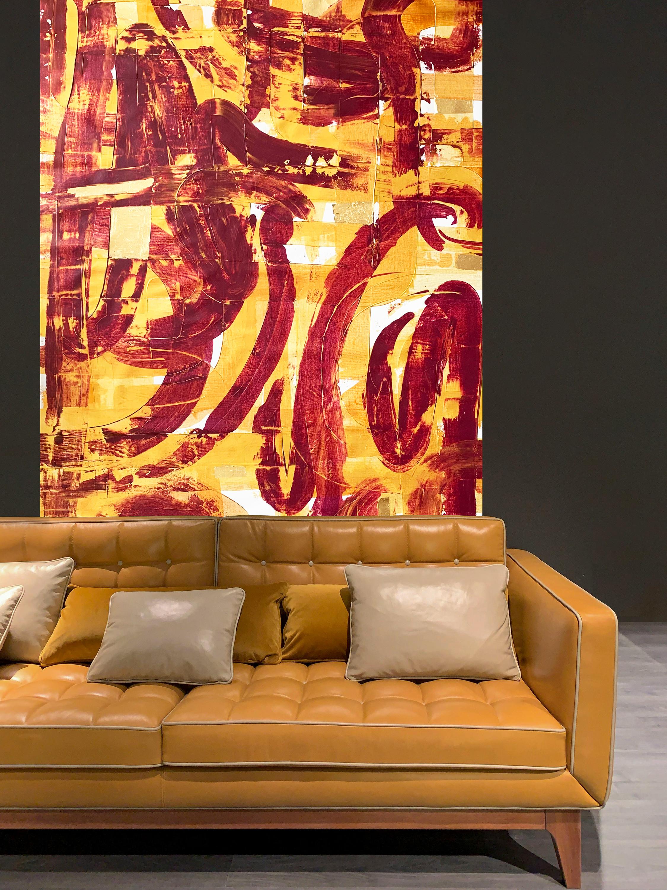 „Gold & Burgundy” is an abstract acrylic painting on canvas, measuring 130 x 208 cm, by contemporary Polish artist Monika Widenka.

It doesn’t need to be understood — just let it be.

The artwork is signed and dated on the back and has been finished