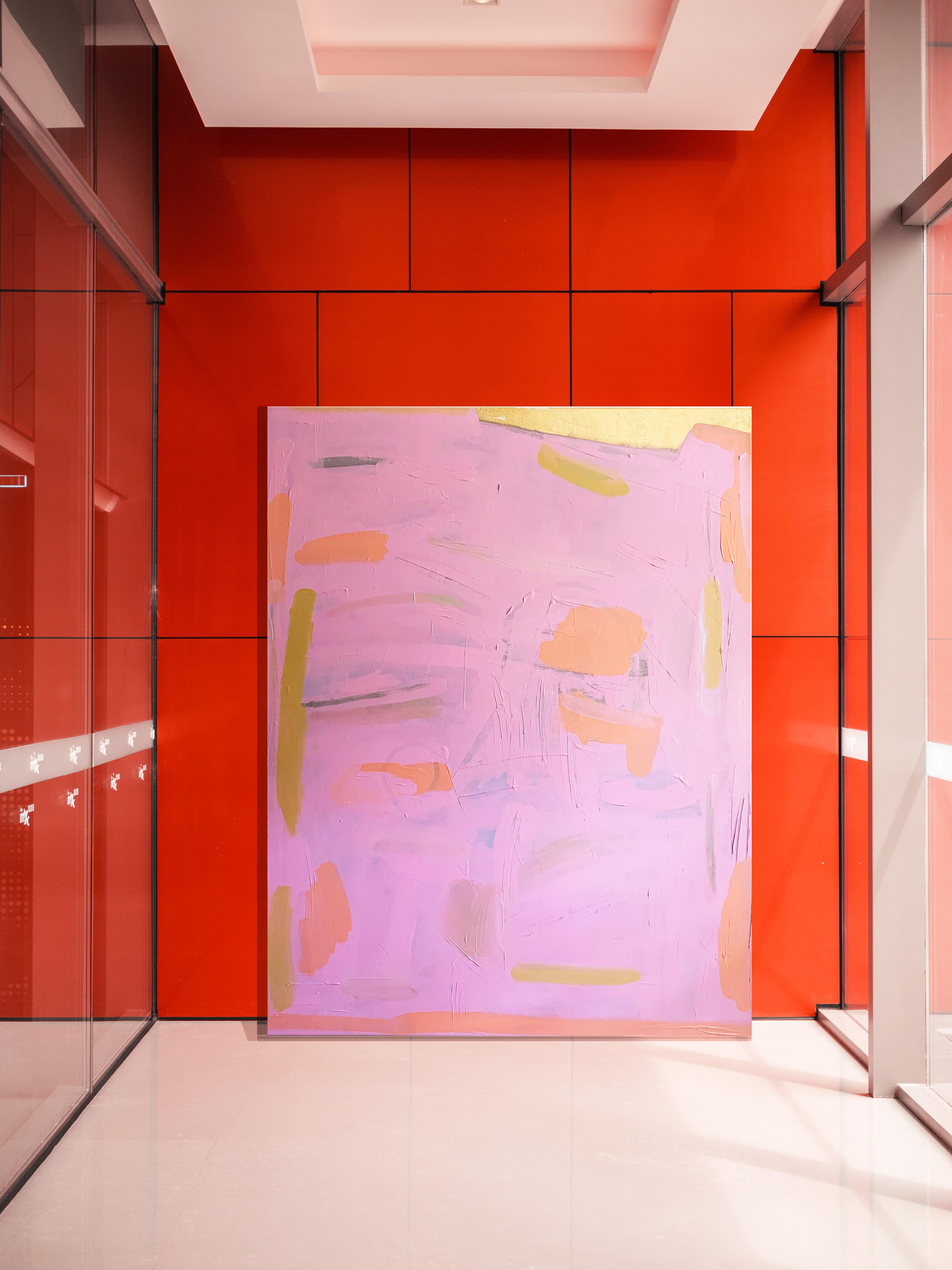 Light Rose - Pittura astratta su tela con texture rosa e oro, 2024 in vendita 1