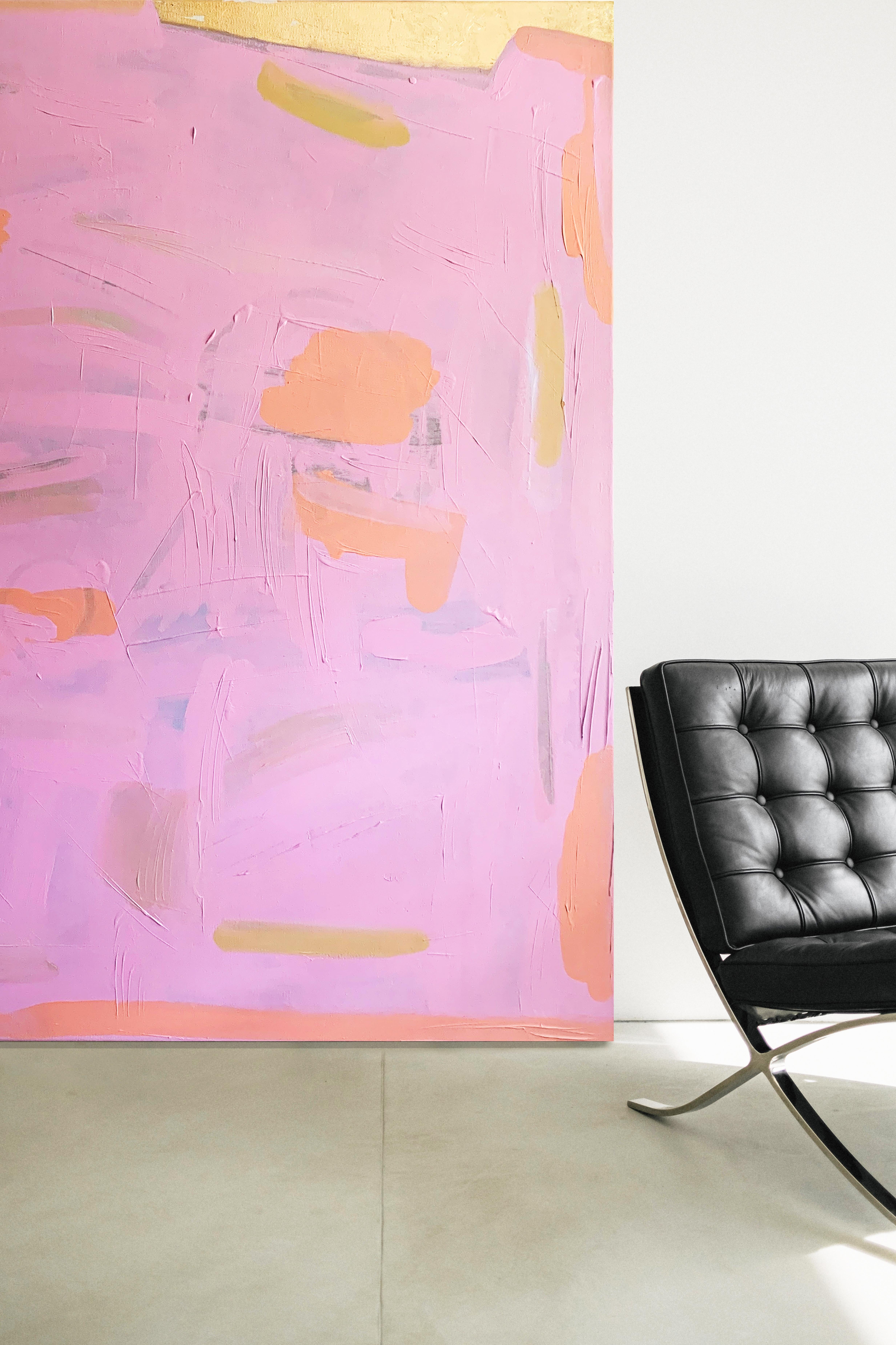 Light Rose - Pittura astratta su tela con texture rosa e oro, 2024 in vendita 2