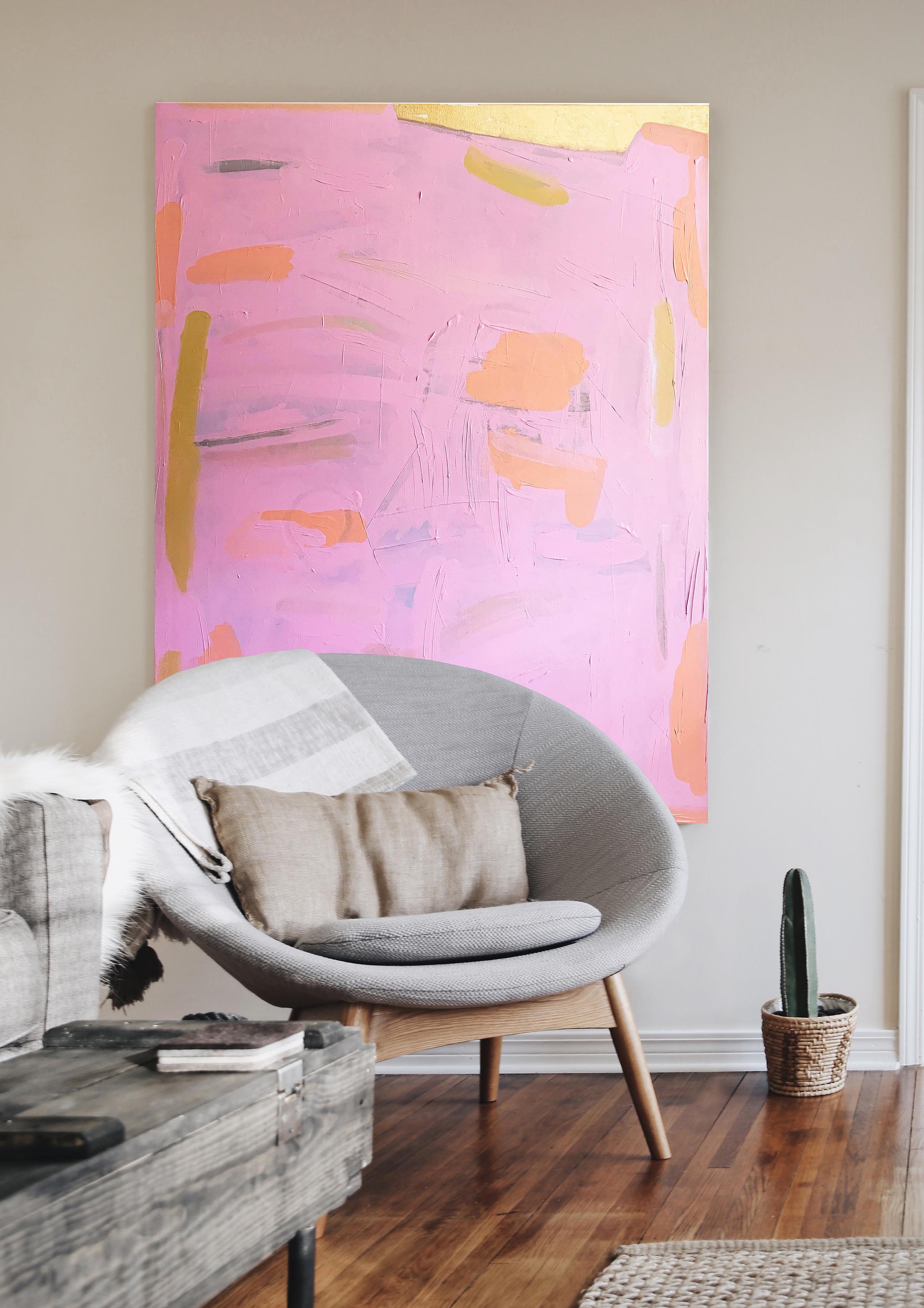 Light Rose - Pittura astratta su tela con texture rosa e oro, 2024 - Mixed Media Art di Monika Widenka