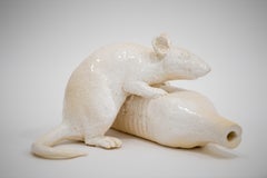 Rat On The Bottle - Modern Unique Handmade Glazed Ceramics Sculpture, Portrait