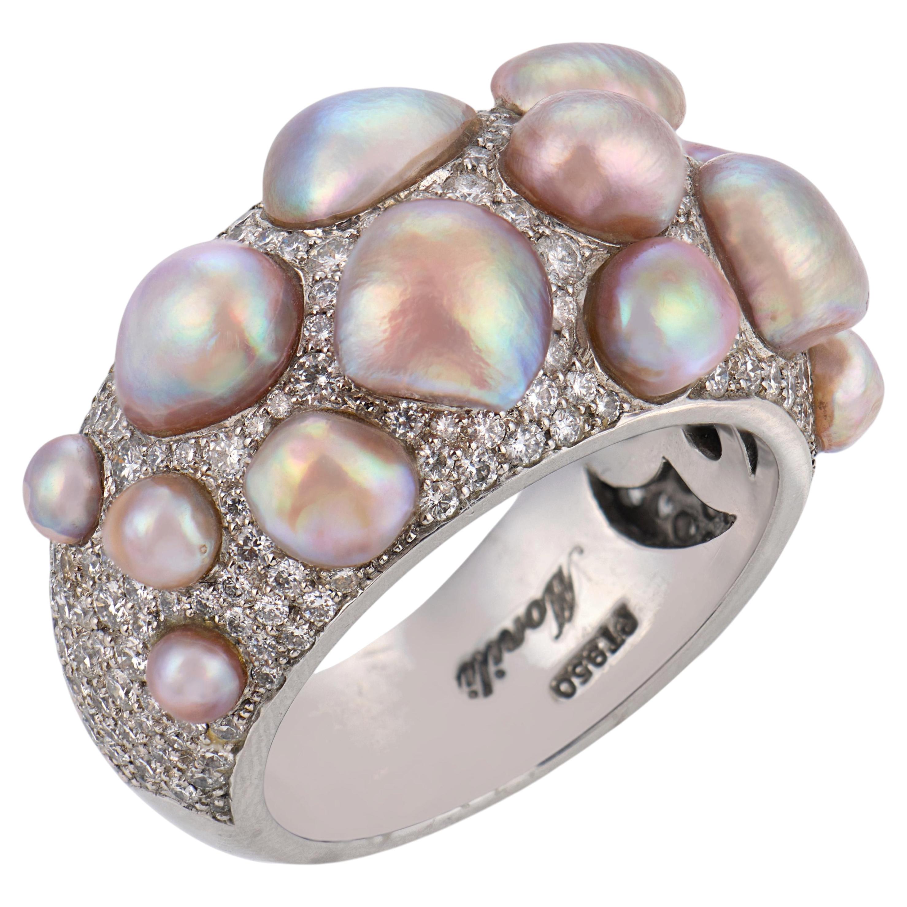 Monili natural pearl diamond platinum cluster ring For Sale