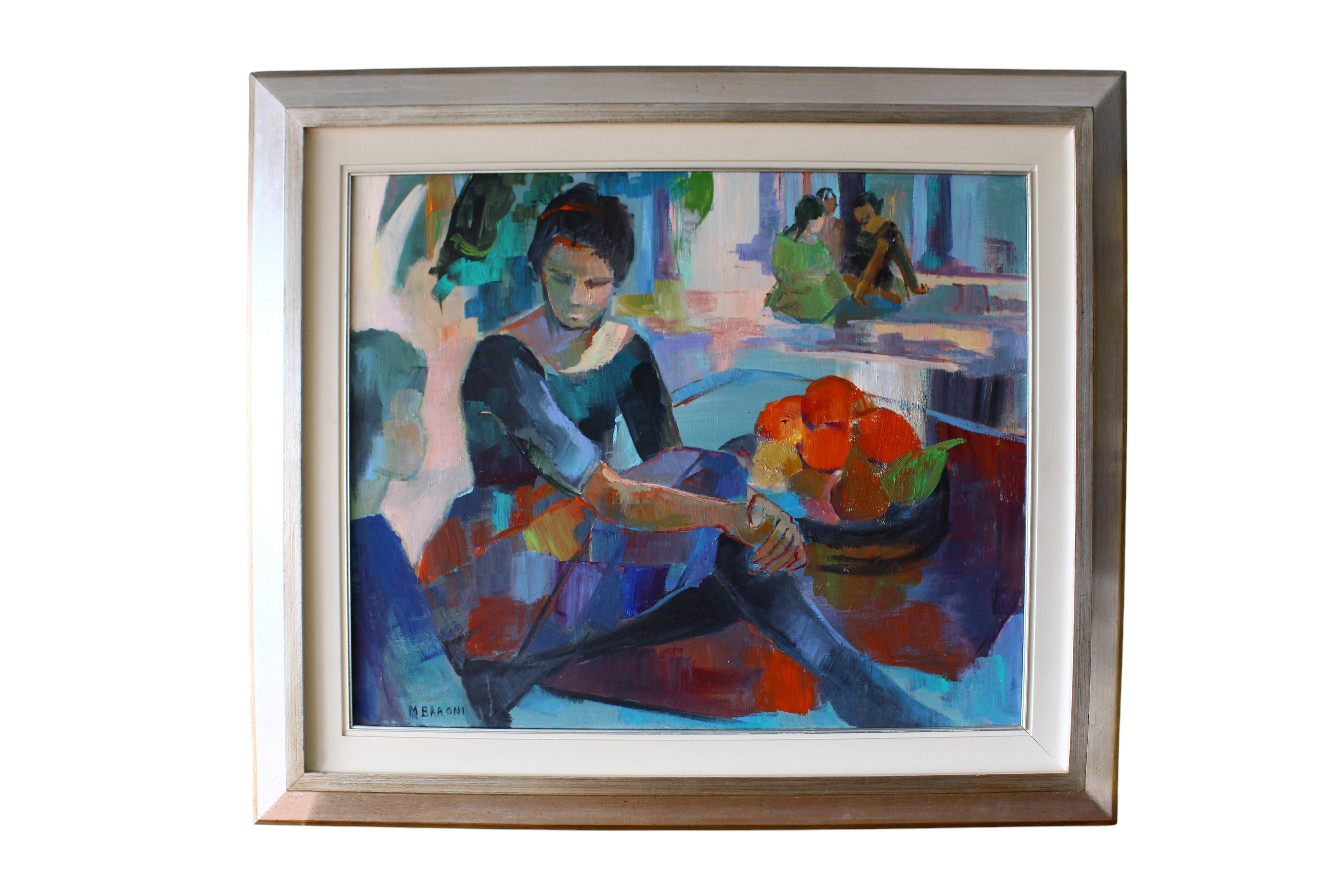 Large Vintage Impressionist colourful oil painting of a woman with oranges