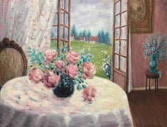 Vintage Flower Table with View; Monique Baudaux; Late 20th; oil on canvas; 