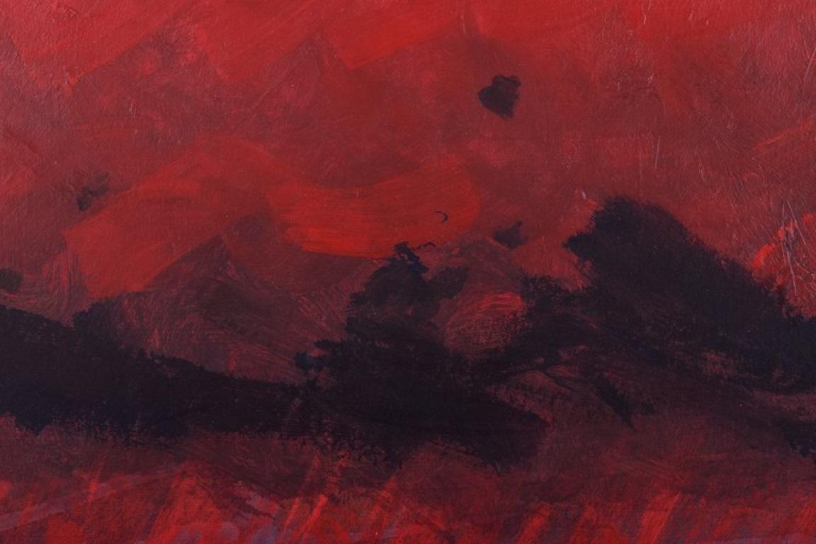 Canvas Monique Beucher, French artist. Gouache on canvas. Abstract composition in red. For Sale