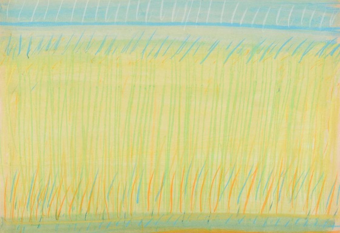 Monique Beucher, French artist. Gouache on paper. Composition in yellow and blue In Excellent Condition For Sale In Copenhagen, DK