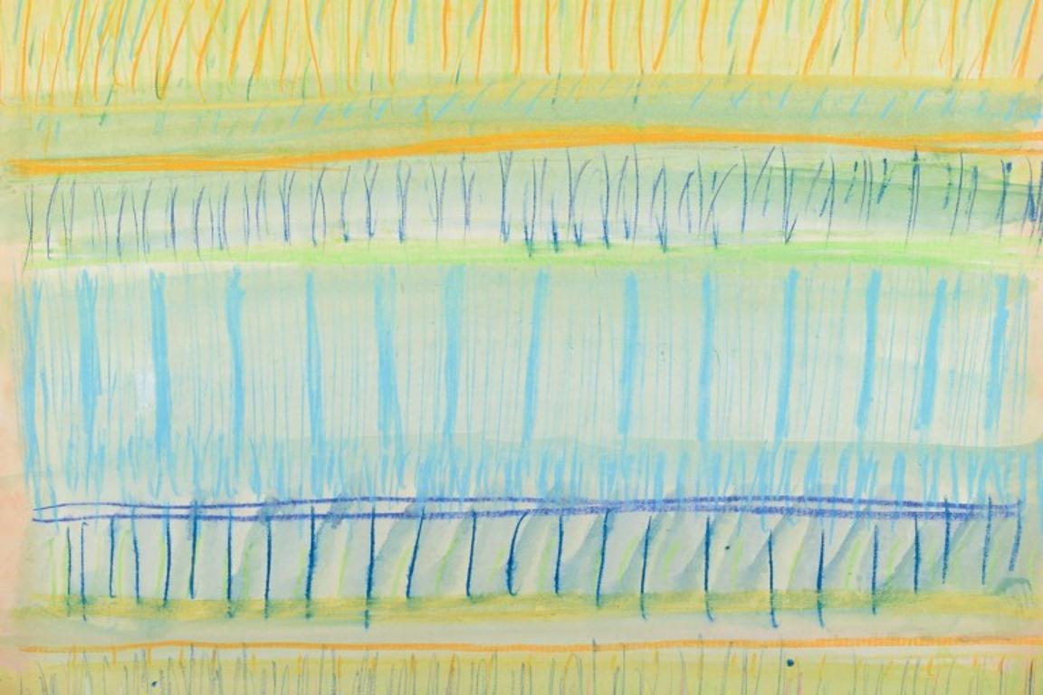 Late 20th Century Monique Beucher, French artist. Gouache on paper. Composition in yellow and blue For Sale