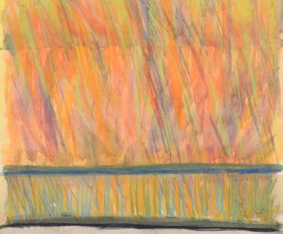 Monique Beucher. Gouache auf Papier. Abstrakte Komposition in Orange und Gelb (Französisch) im Angebot
