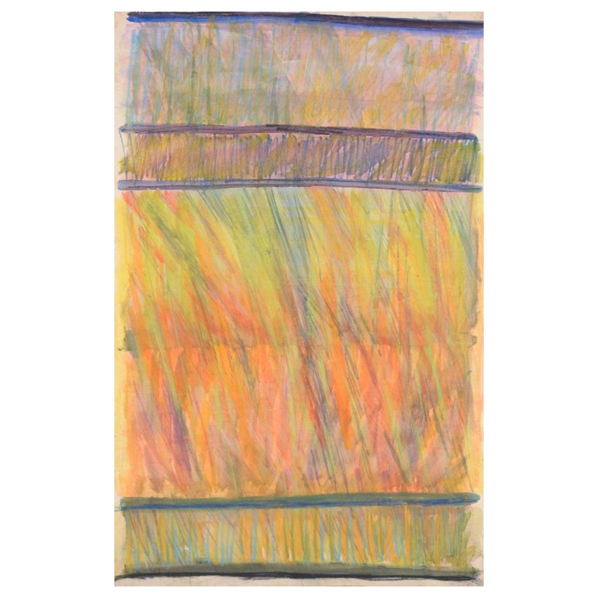 Monique Beucher. Gouache auf Papier. Abstrakte Komposition in Orange und Gelb im Angebot