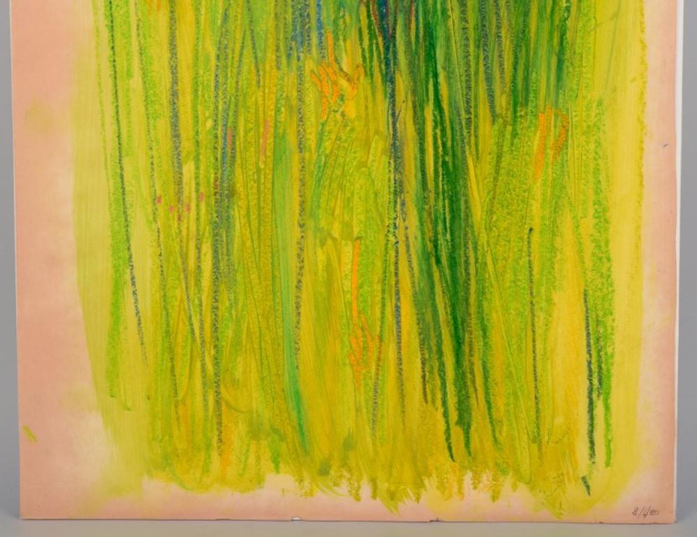 Monique Beucher. Técnica mixta / papel. Composición en tonos verdes. en Excelente estado para la venta en Copenhagen, DK