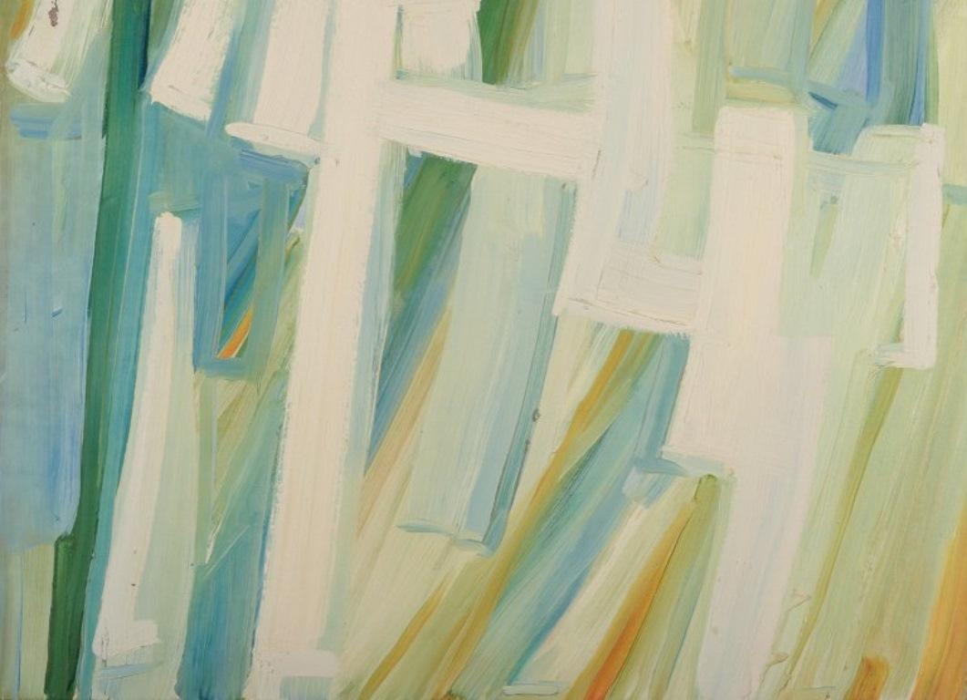 French Monique Beucher. Oil on canvas. Abstract composition in blue and green For Sale