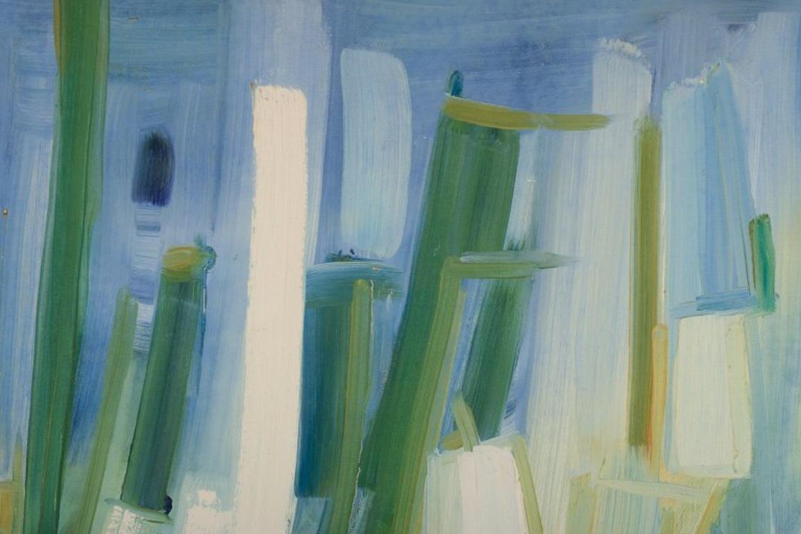 Monique Beucher. Oil on canvas. Abstract composition in blue and green In Excellent Condition For Sale In Copenhagen, DK