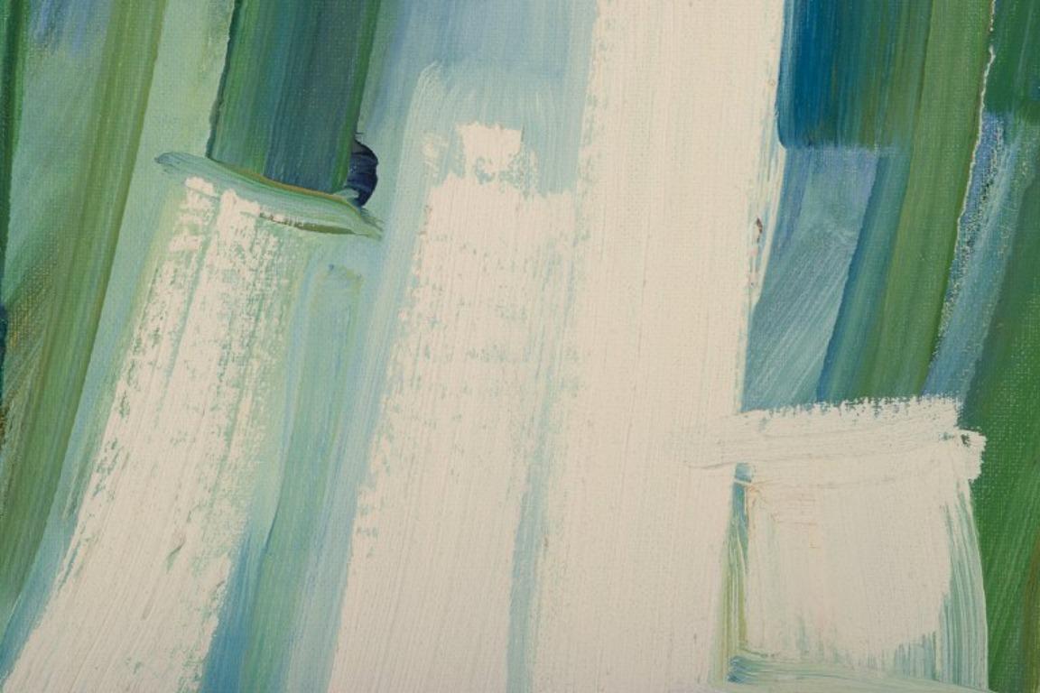 Late 20th Century Monique Beucher. Oil on canvas. Abstract composition in blue and green For Sale