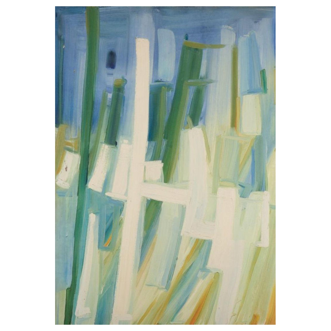 Monique Beucher. Öl auf Leinwand. Abstrakte Komposition in Blau und Grün