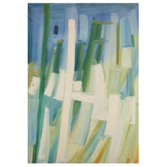 Monique Beucher. Öl auf Leinwand. Abstrakte Komposition in Blau und Grün