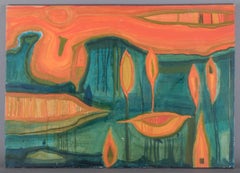 Monique Beucher. Olio su tela. Composizione astratta in arancione e verde