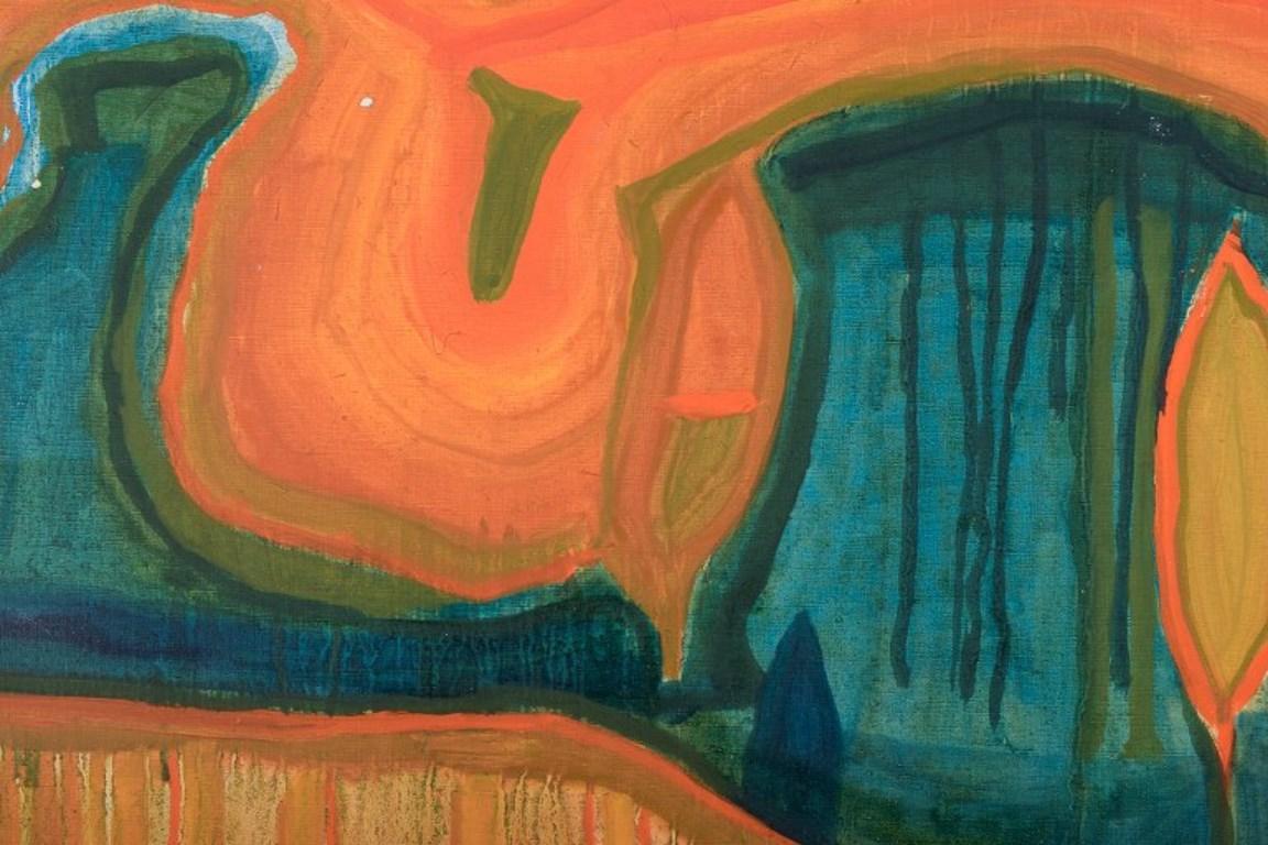 French Monique Beucher. Oil on canvas. Abstract composition in orange and green For Sale