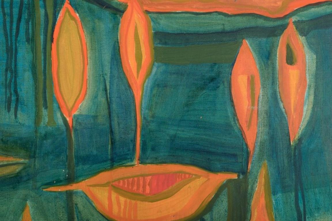 Monique Beucher. Oil on canvas. Abstract composition in orange and green In Excellent Condition For Sale In Copenhagen, DK