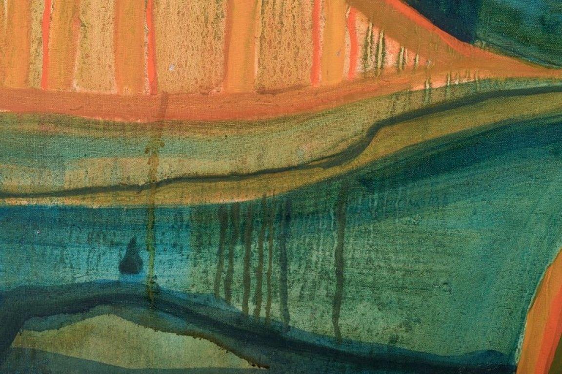Late 20th Century Monique Beucher. Oil on canvas. Abstract composition in orange and green For Sale