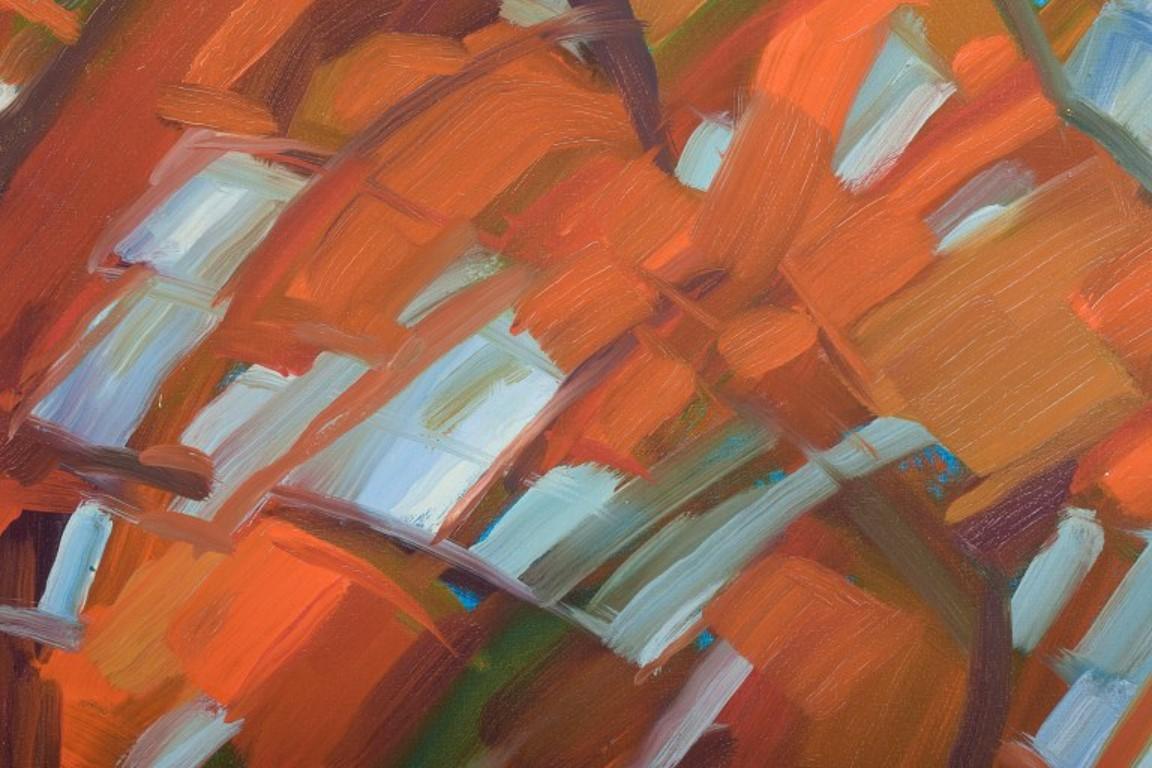 Monique Beucher.  Oil on canvas. Abstract composition in orange. In Excellent Condition For Sale In Copenhagen, DK