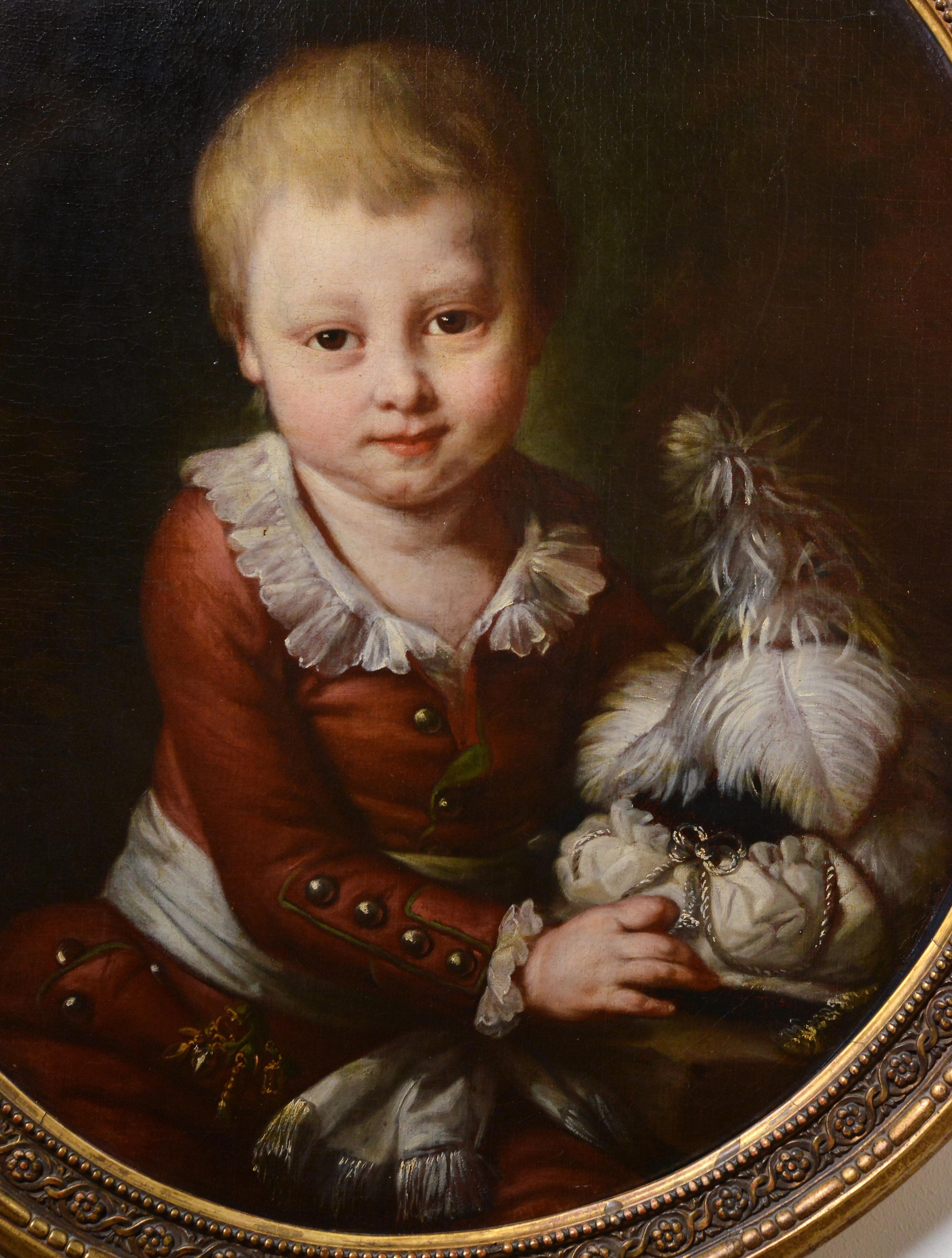 The portrait is attributed to the French painter Monique Daniche (1737 - 1824)
Magnificently painted baroque portrait of unidentified noble child wearing fashionable dress and holding his oriental style hat with rich plumage and trustingly facing.