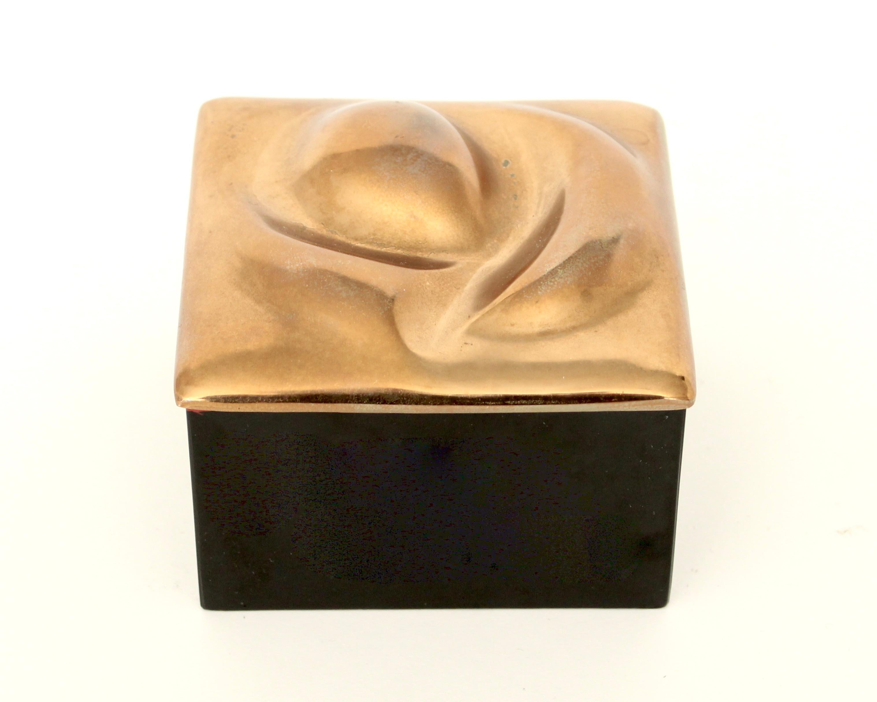 Mid-Century Modern Monique Gerber French Bronze Lidded Sculptural Top and Black and Red Lacquer Box