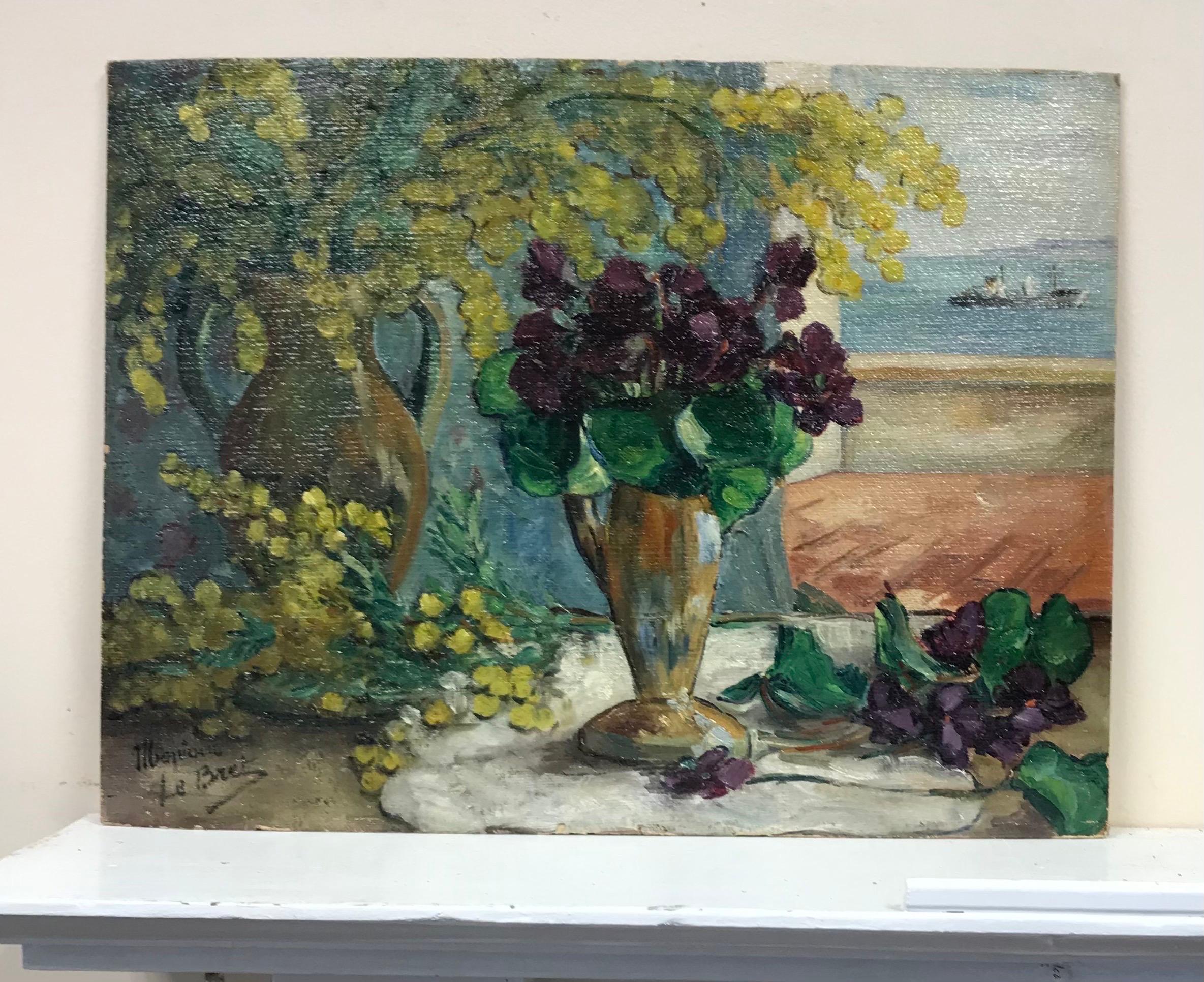 Óleo francés de mediados del siglo XX - Balcón sobre el mar, Naturaleza muerta con flores - Painting de Monique le Bret