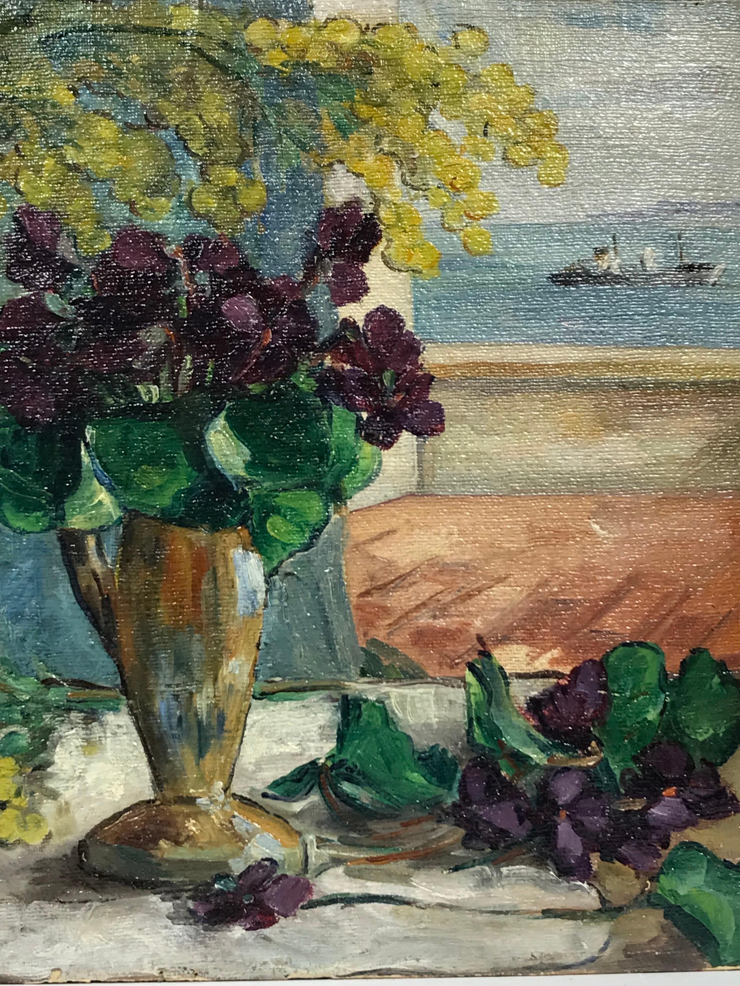 Óleo francés de mediados del siglo XX - Balcón sobre el mar, Naturaleza muerta con flores - Painting Posimpresionista de Monique le Bret