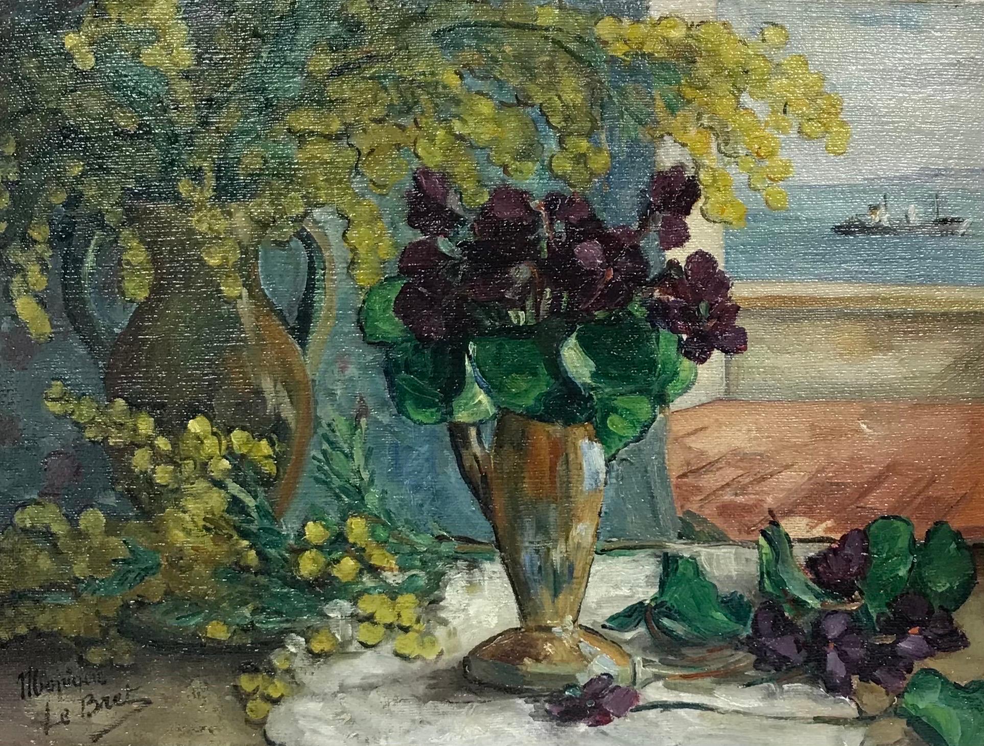 Monique le Bret Still-Life Painting - Mid 20th Century French Oil - Balcony over the Sea, Still Life with Flowers