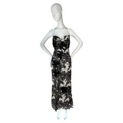 MONIQUE LHUILLIER 2003 Vintage Laufsteg-Kleid aus schwarzer + weißer Seidenspitze
