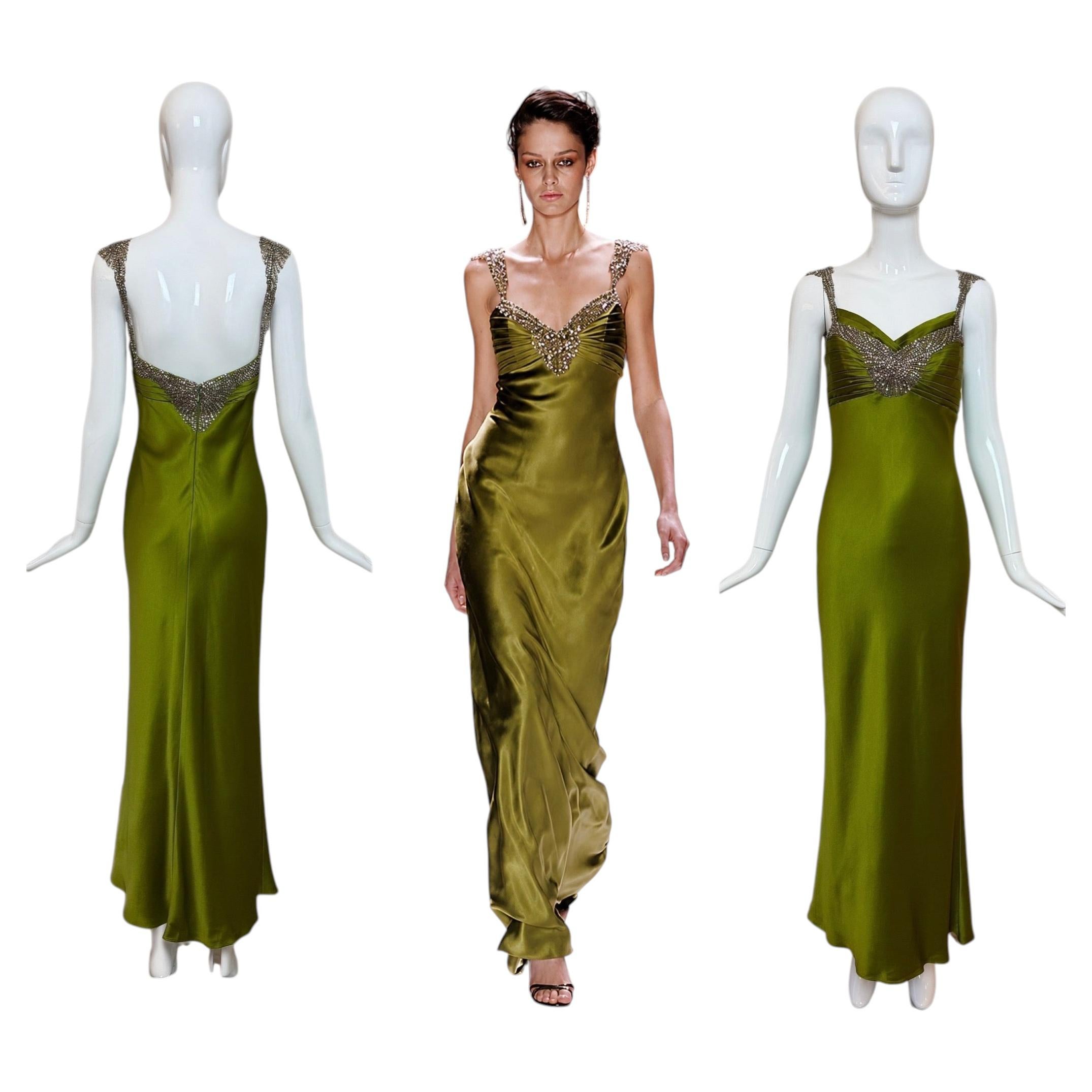 MONIQUE LHUILLIER 2005 Vintage Runway Green Silk Gown w. Crystals Maxi Dress