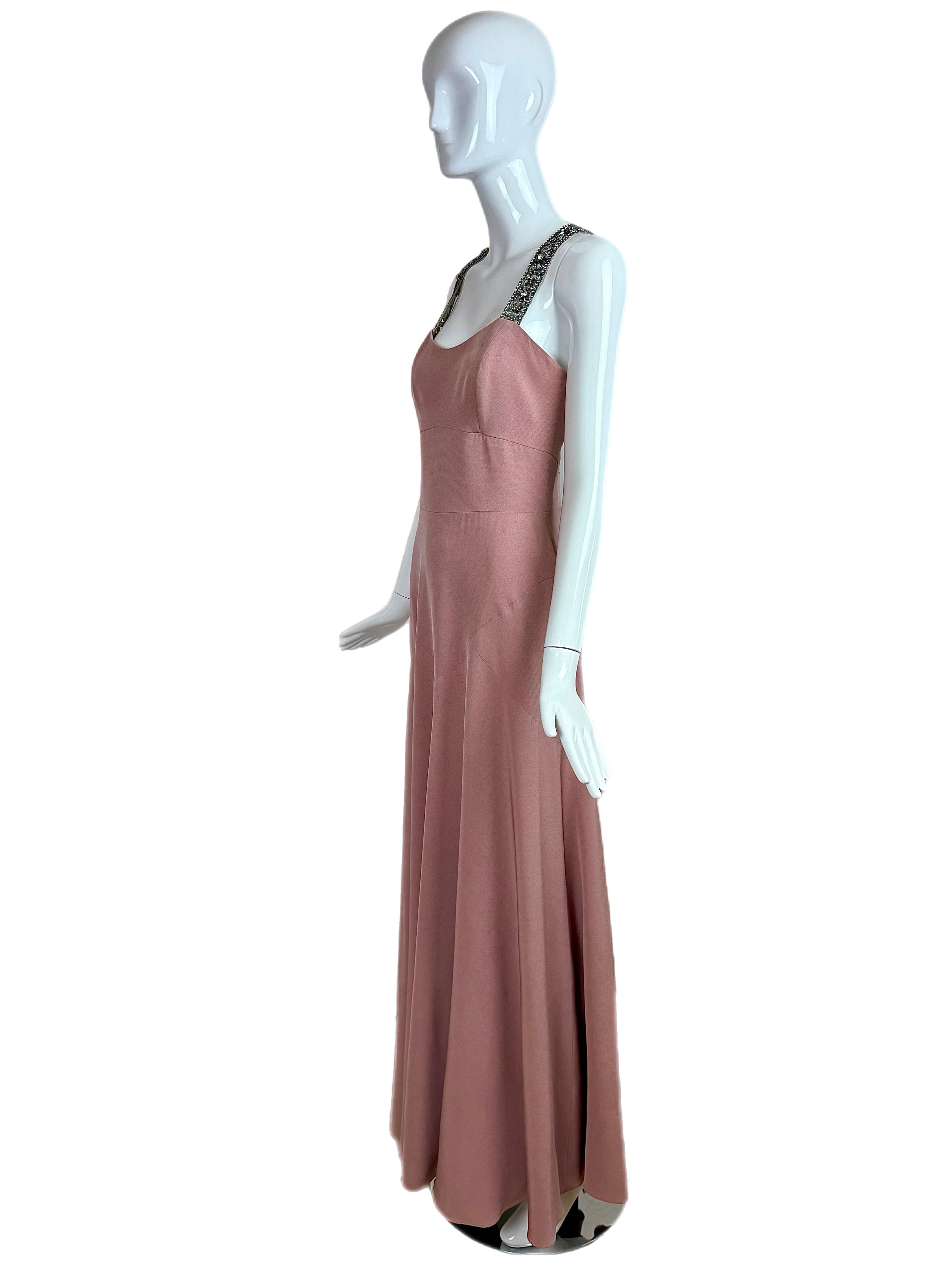 MONIQUE LHUILLIER 2006 Vintage Dusty Pink Embellished Gown Maxi Dress Runway In Fair Condition For Sale In Leonardo, NJ