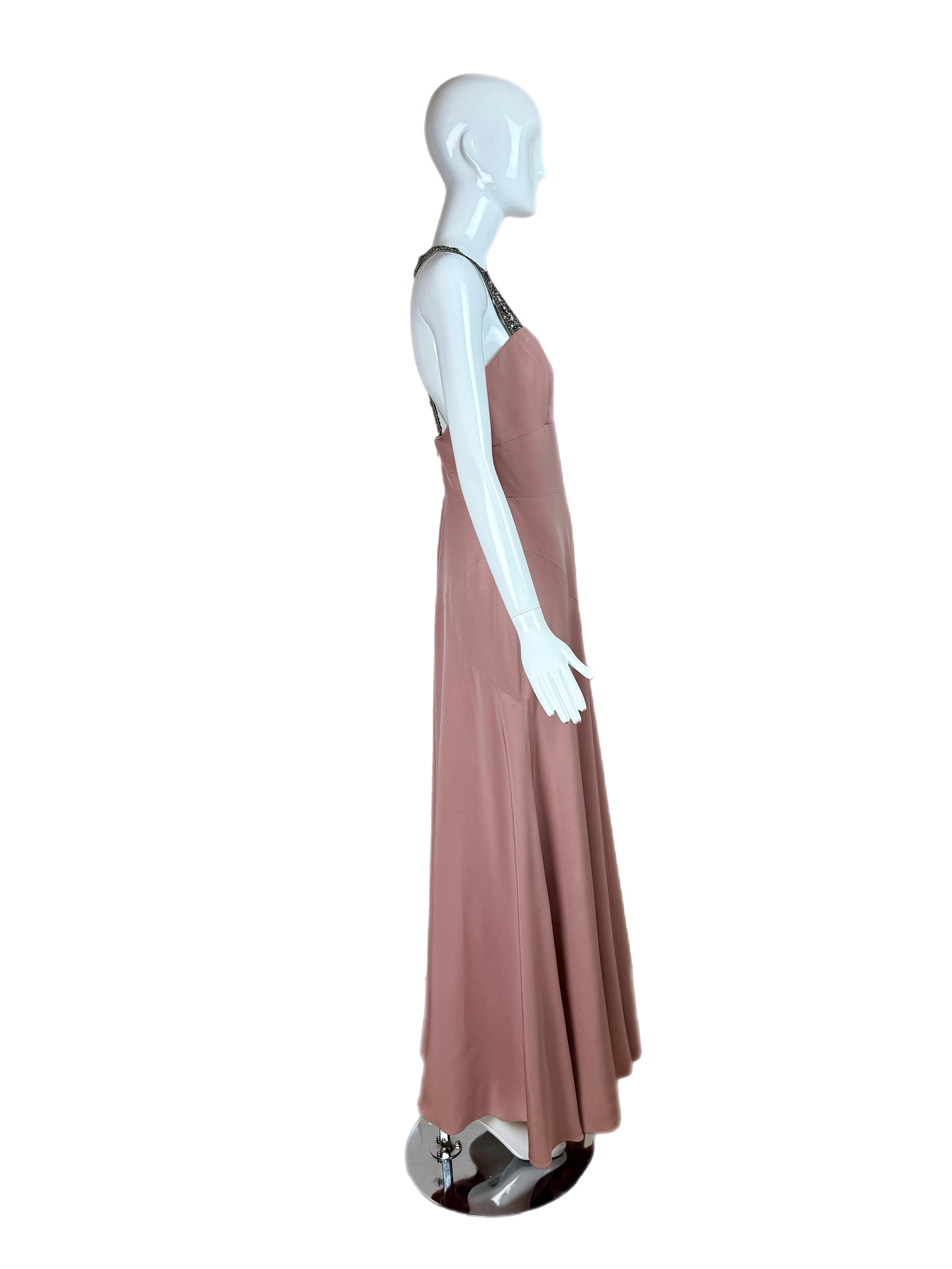 Women's MONIQUE LHUILLIER 2006 Vintage Dusty Pink Embellished Gown Maxi Dress Runway For Sale
